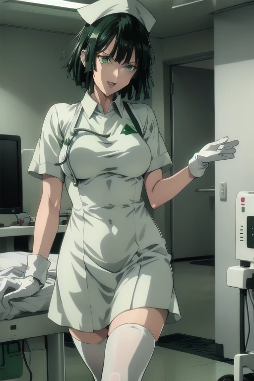 Fubuki, green hair, green eyes, solo, Nurse, ((White nurse cap, White nurse uniform)), ((White legwear, zettai ryouiki)), White Gloves, Smile, Open mouth, Standing, ((Hospital room)), sharp outline, Short sleeves, Best Quality, masterpiece