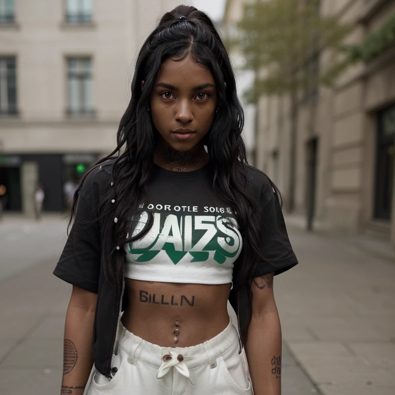 Dark brown skinned girl with tattoos on her arms. She has wavy black hair and green eyes..Elle est habillé de style streetwear blanc