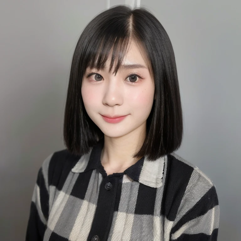 (kawaii 24 year-old Japanese girl, Nogizaka idol, Korean idol), (glossy black hair, short bob, even and symmetric hair design:1.3), (deep black eyes, rounded face, single eyelid, no makeup, soft smiling:1.2), (wearing check patterned longsleeved flannel shirt, knitted beanie:1.3), (extra small breasts:0.9), (facing straight at camera:1.2), BREAK, (simple grey background, yearbook background:1.3), (portrait, id photo, bust shot, view from straight forward:1.3), (keep enough top margin to avoid the head cropped:1.3), BREAK, (masterpiece, best quality, photo realistic, official art:1.4), (UHD, 8K quality wallpaper, high resolution, raw photo, golden ratio:1.3), (shiny skin), professional lighting, physically based rendering, award winning, (highly detailed skin, extremely detailed face and eyes), Carl Zeiss 85 mm F/1.4, depth of field, 1girl, solo,