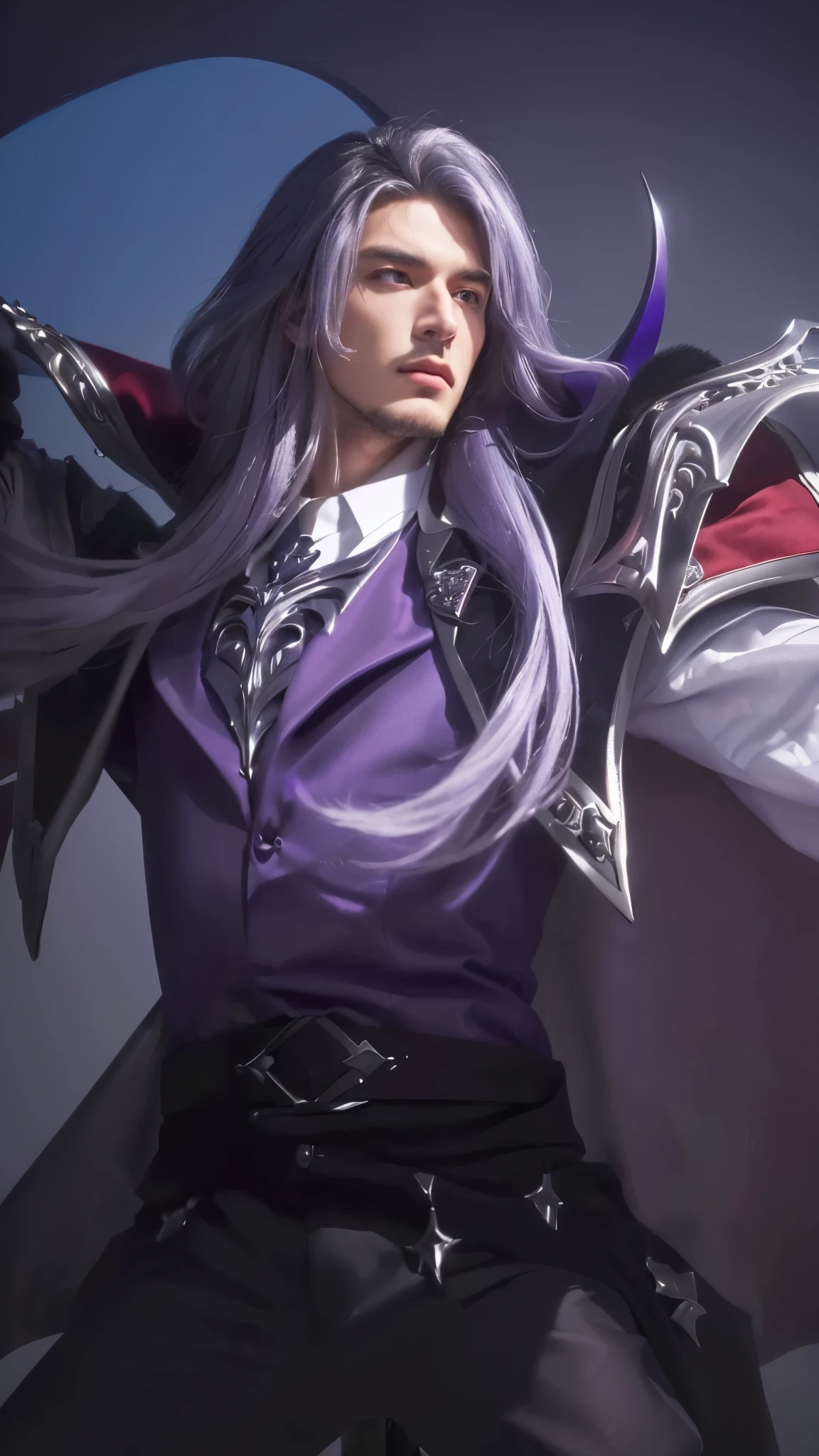 (best quality,4k,highres,masterpiece:1.2),1boy,ultra-detailed,realistic portrait,handsome,silver long hair,charismatic,antagonist,villain vibes,purple outfit,cape,sigma male,a wizzard