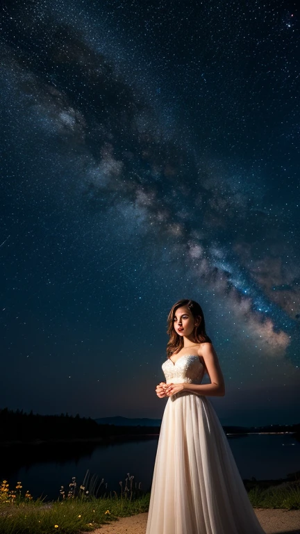 Create a gorgeous girl in a stunning scene of starry night full of fireflies, she is like an angel, 