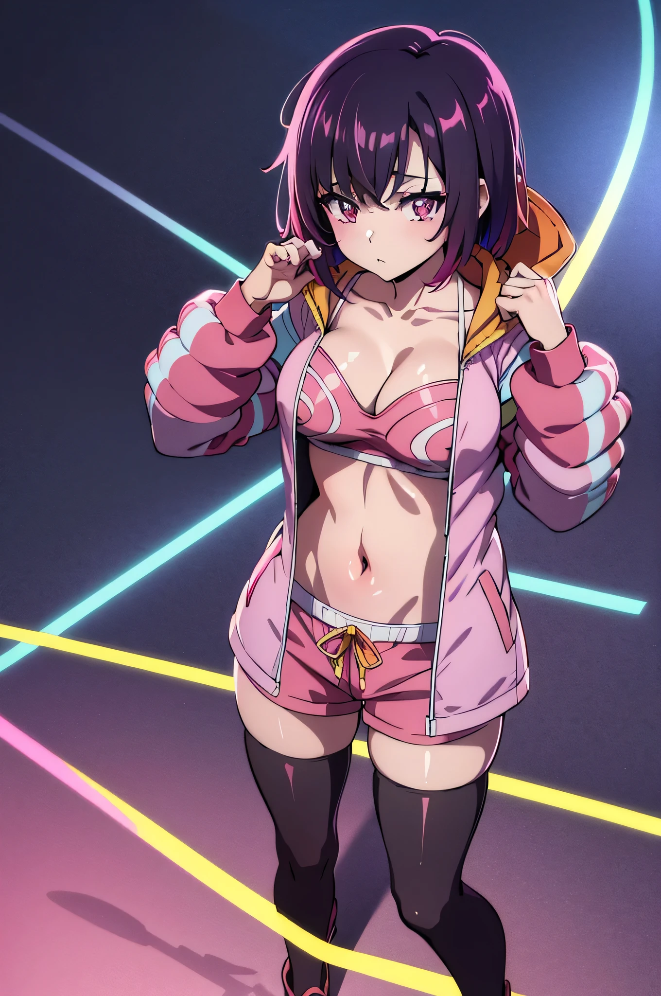 a woman in a colorful jacket and shorts posing in a street, seductive anime girl, shizuka., 4 k, female action anime girl, official anime artwork, breast behind jacket, no clothes, cleavage, oppai cyberpunk, shizuka mikazuki, attractive anime girl, multicolored jacket, hooded jacket, pink short pants, hands up