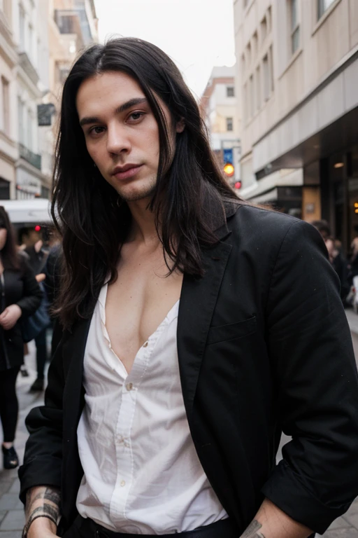 Handsome thin White man goth long black hair cute dressed