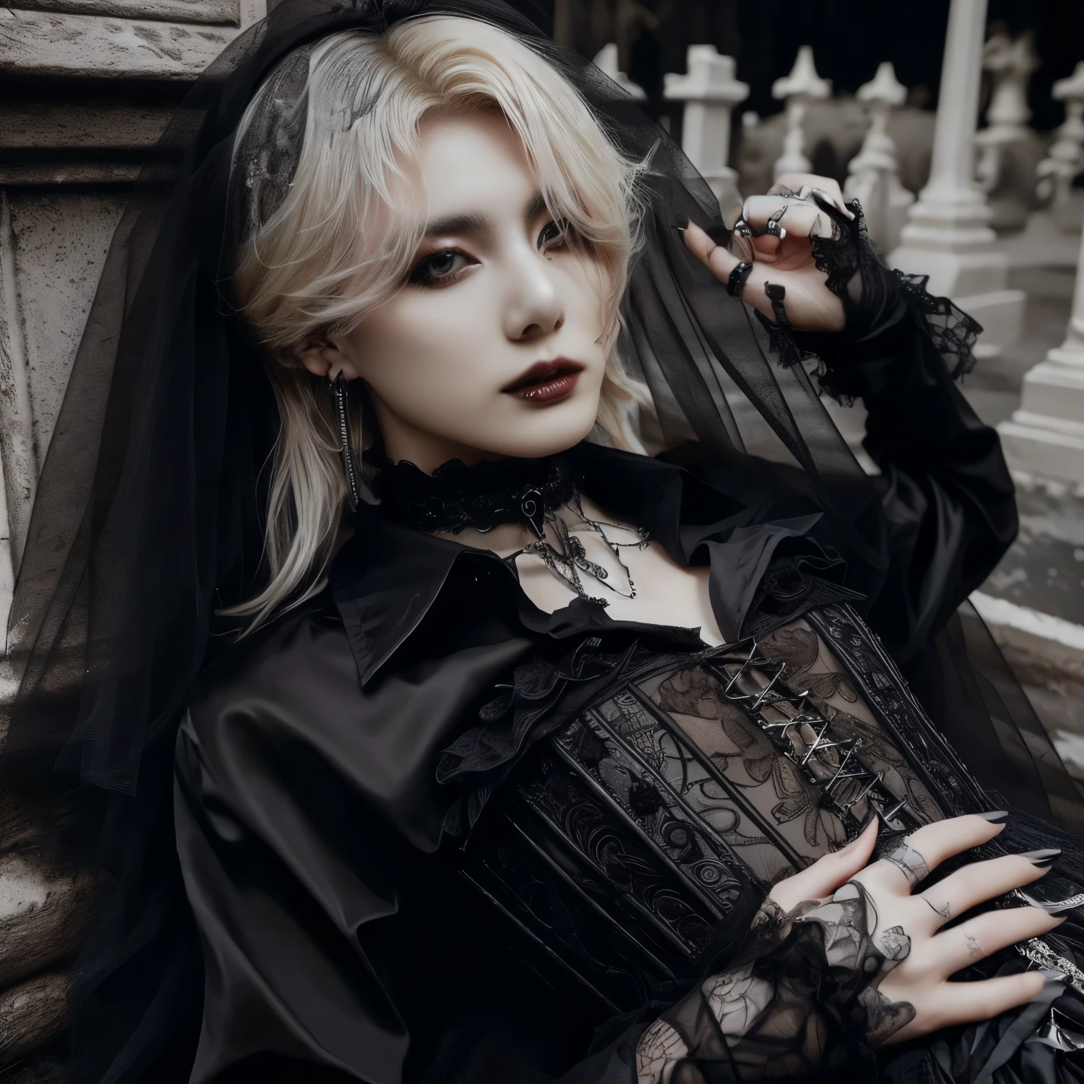 Gothicic woman in black corset and veil posing for a photo, Gothicic aesthetic, androgynous vampire, Gothicic horror vibes, Gothicic style, cai xukun, neo Gothicic, Gothic aesthetic, ominous Gothicic aesthetic, Gothicic, Gothicic regal, Gothicic art style, wearing modern Gothicic clothes, Gothicic outfit, darkwave Gothic aesthetic, Gothic, Gothicic clothes, Gothic style, neo Gothic