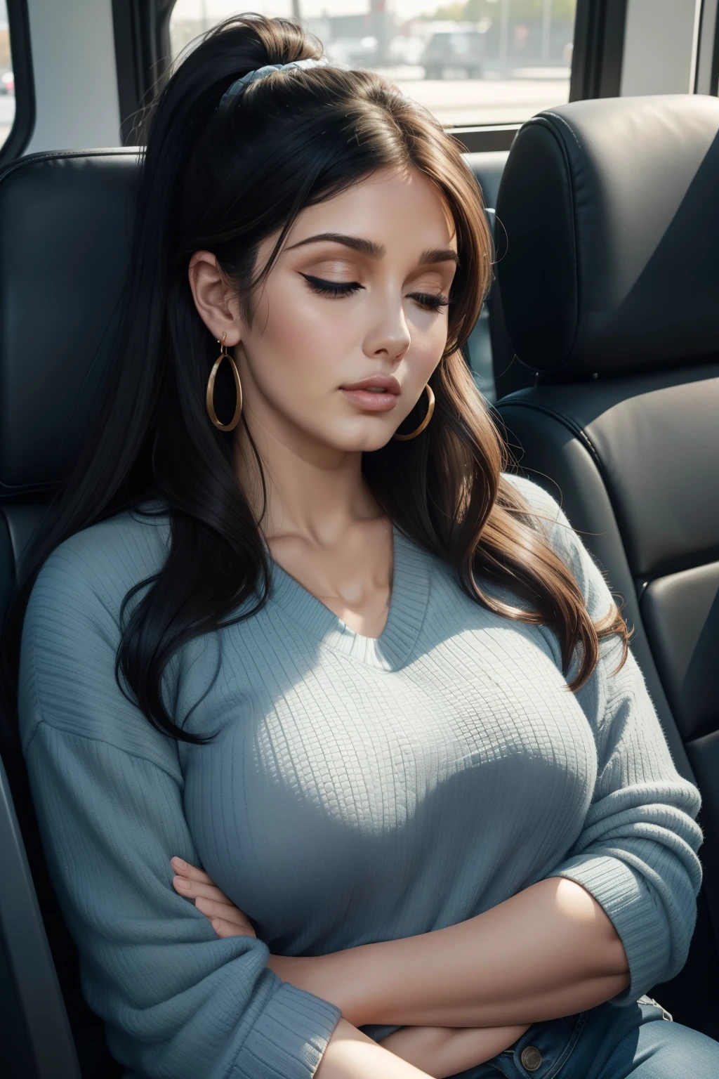 1 beautiful woman, large body, 40-year-old lady, eyes closed, Latina female, made-up face, disheveled, long eyelashes, short ponytail, black hair, made-up eyelids, eyelids outlined with make-up, open mouth, BLACK SWEATER WITH NECKLINE, light blue jeans, LIGHT BLUE JACKET OVER THE SWEATER, small earrings, asleep with her mouth open, asleep leaning on the bus seat, arms crossed, mouth wide open, nodding, Lucy Pinder, face portrait, ((Adele))