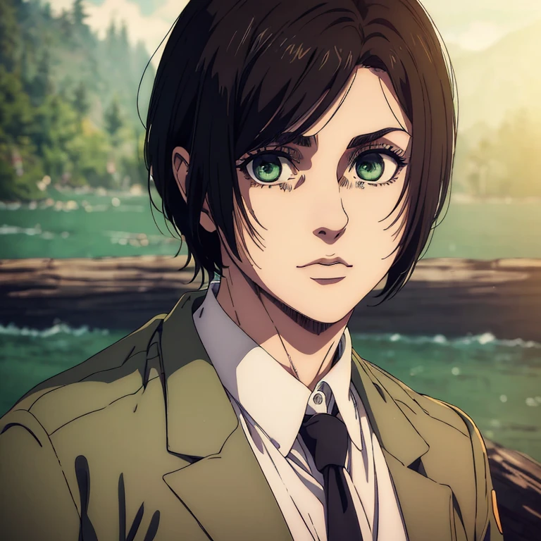 best quality, highres, masterpiece:1.2), ultra-detailed, (realistic, photorealistic, photo-realistic:1.37),  female character,  Mappa art style, detailed hazel green eyes highlight light reflecting in his eyes , and raven black short hair well styled, she has sharp jawline , she is wearing  doctor coat