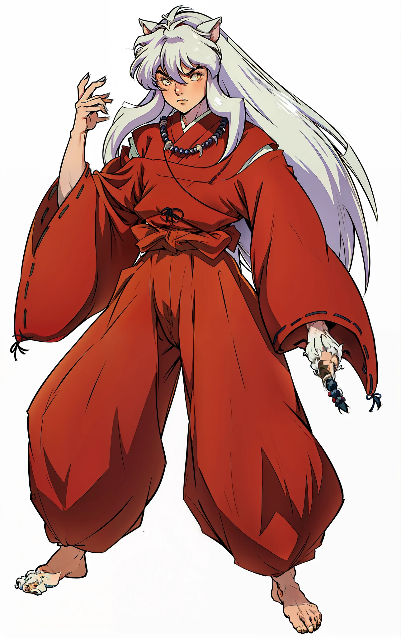 InuYasha, Cabelos longos, cabelo branco, roupas vermelhas, extremamente realista, orelhas de cachorro, bonito