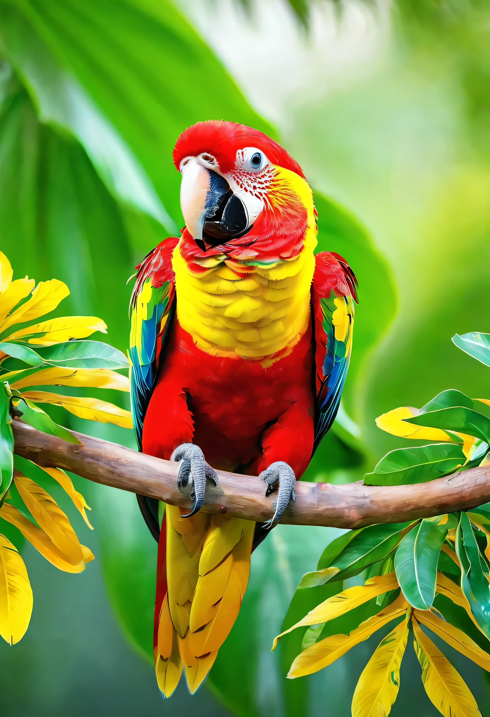 araffy red and yellow parrot perched on a branch with green leaves, Close-up image of a parrot, Stops in the center, Fine art, Very colorful, Colorful feathers, parrot, Rich Colorful, grace, Beautiful and colorful, Multicolored birds, Wonderfully colorful, Beautiful colorful, Very colorful, juxtaposition, Bright colors彩, Bright colors, multicolor