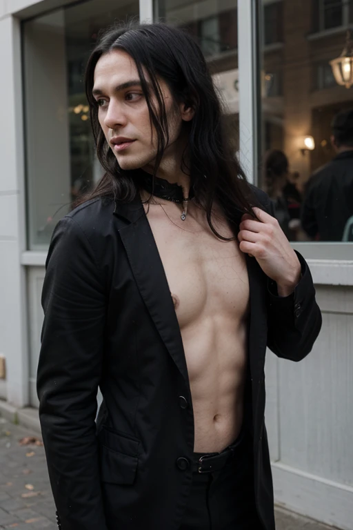 Handsome thin White man  goth long black hair cute dressed