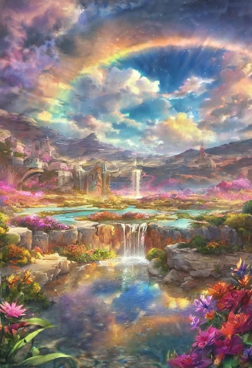 baptism,Baptism,Israel,Colorful,Dreamy landscape, cloud, light piercing through the cloud, Reflection on the surface of the water, Gentle waterfall,flower々,Quiet atmosphere, Richness in details, Surreal beauty, Magical Aura, Fantasy Landscape, High quality digital art, Vibrant colors, Fantastic lighting, Enchanting atmosphere, Artistic Expression, Otherworldly feeling, Beautiful brushwork, Magnificent View, Peaceful tranquility, Immersive Experience, Breathtaking views, Picturesque views, Mysterious charm, Mysterious atmosphere, Nuances, A magical dream.
