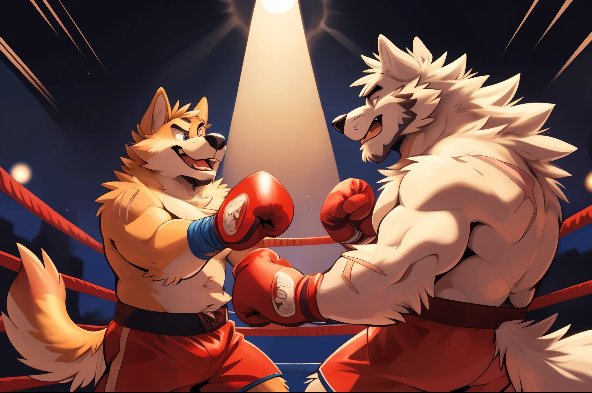 Duo male fighters(Brown Lion vs Orange Tiger, handsomes, perfect eyes, Thick eyebrows), beso gay(cuddling embraced, in a boxing match), hot(Full body, shirtless), handsomes(They are handsomes, correct anatomy), musculosos(Big muscle bodies, Six packs, muscle abs, big pecs, muscle legs, muscle backs), sweaty(very sweaty wet bodies), tatuajes(they have tattoos), Angry(They have an angry expression), boxing gloves(They both are wearing boxing gloves), Shorts(They are wearing black shorts), Hight resolution 