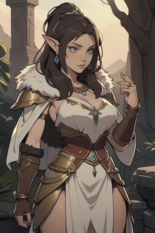 (Caveman tribe Elf), fur armor, loincloth, rings, female creature, prehistoric era, looking at viewer,