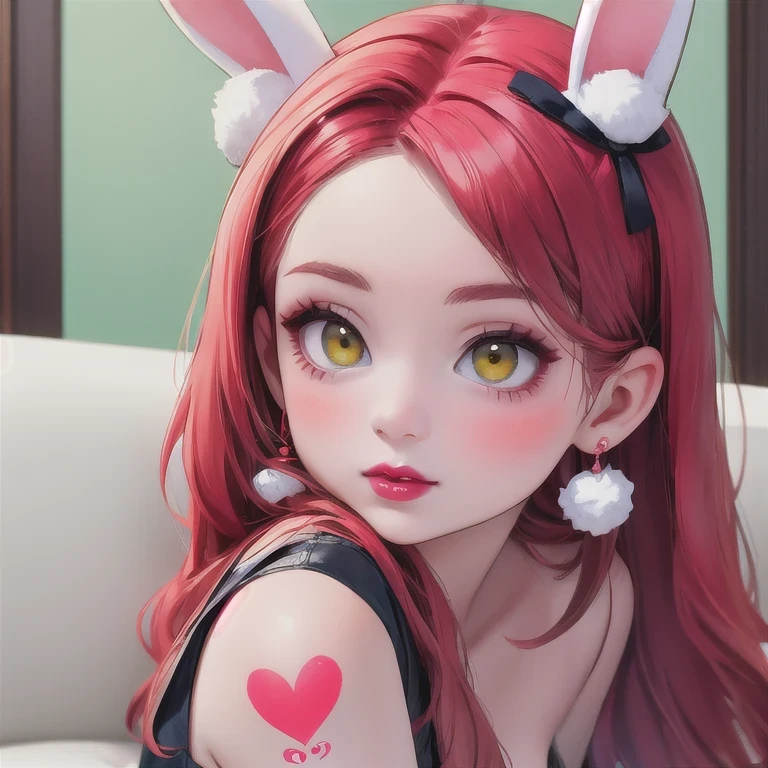 araffe girl with red hair and white shirt making a heart sign, with long red hair, pink twintail hair and cyan eyes, with red hair, belle delphine, cute kawaii girl, with pink hair, with bunny ears, with white long hair, y 2 k cutecore clowncore, with long floppy rabbit ears, very very kawaii（（（with tattoos）））araffed woman in white shirt and stockings sitting on a couch, ekaterina, a hyperrealistic schoolgirl, hyperrealistic schoolgirl, dressed as schoolgirl,（（ 8k)), sakimichan, anna nikonova aka newmilky, cute , thighhighs and skirt, 🌺 cgsociety, amouranth, with pale skin,（ 4 k ）with red lipstick and a candy cane, red contacts, red contact lenses, wide golden eyes and red lips, faint red lips, red and green tones, ((red)) baggy eyes, light-red lips, green and red tones, perfect face ), big eyes and lips, red lipstick on face, amouranth, close up face