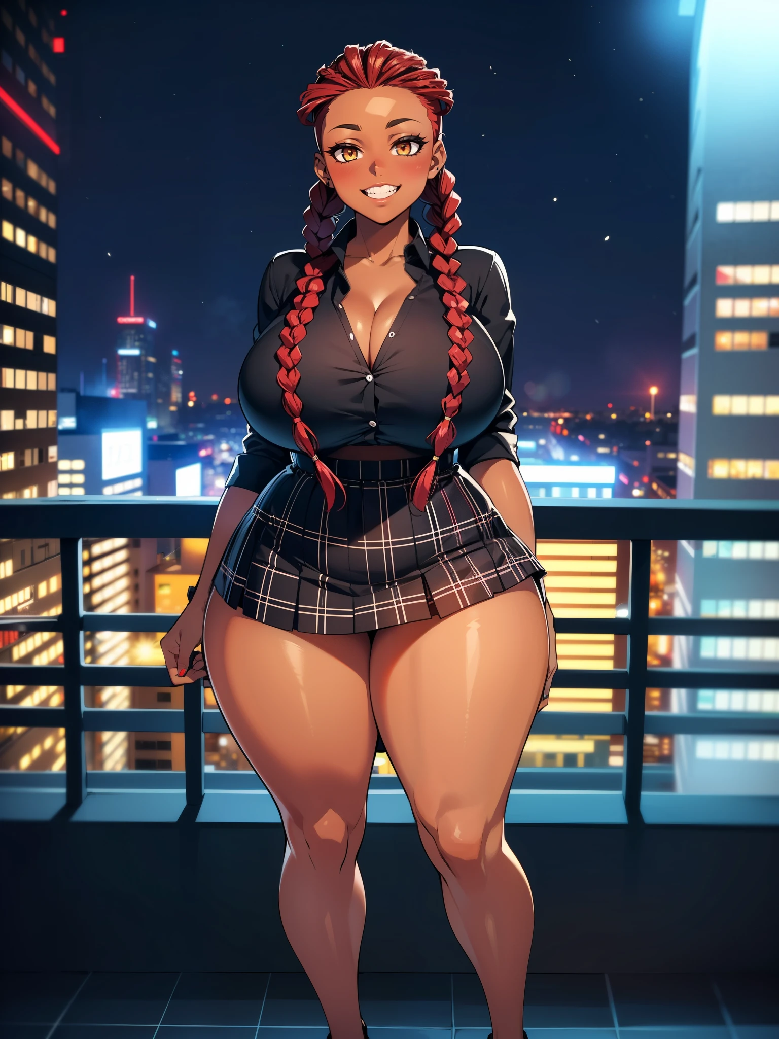4K Quality, grinning, sexy pose, (black plaid skirt), standing up, ((black and red braids)), (dark skinned), thick thighs, big breasted, big ass, looking at viewer, (amber eyes), night time, (outside penthouse),full body, (city background), perfect face, perfect body, perfect eyes, full lips,