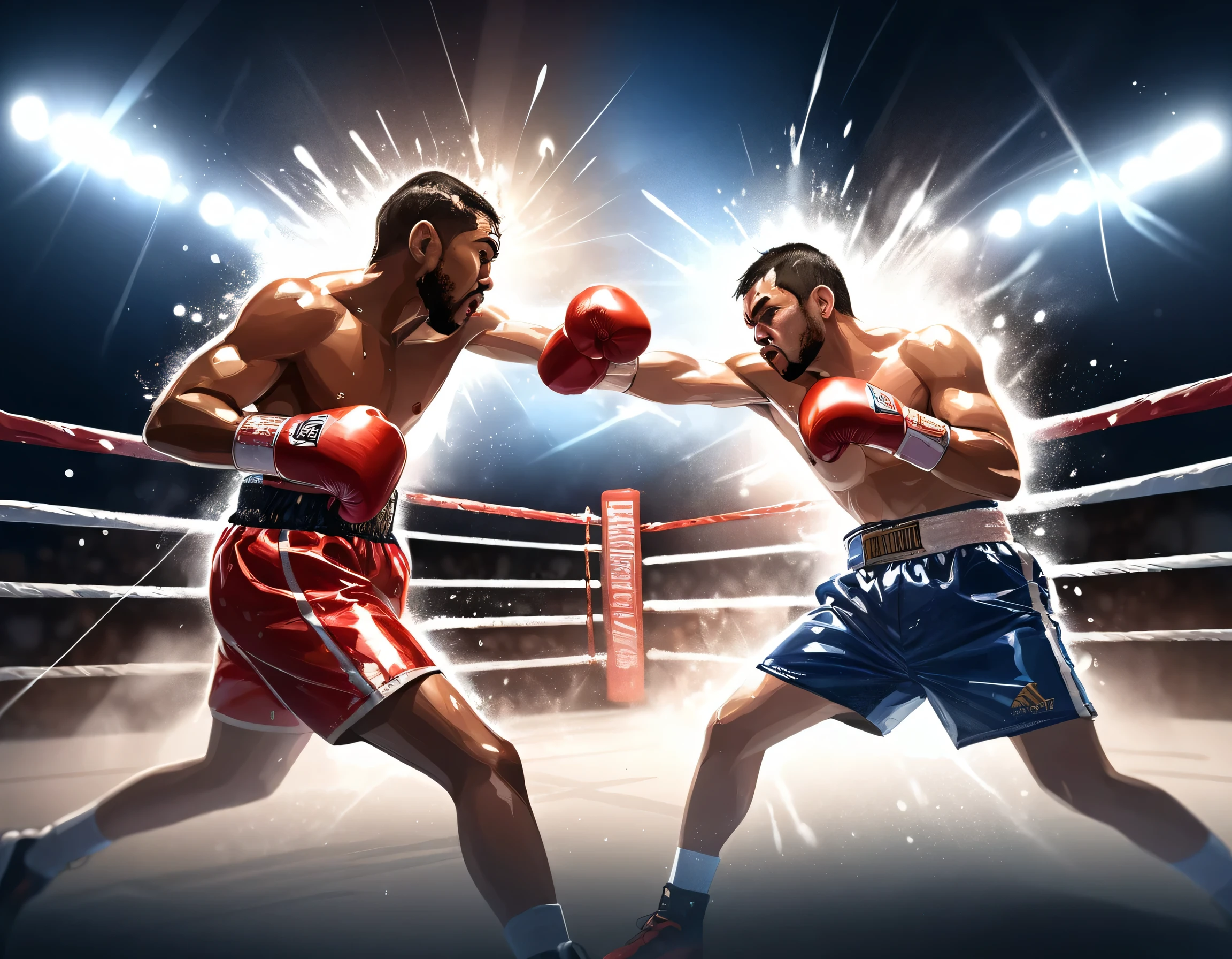 Illustration of a boxing title match, Dynamic strokes, glancing sides, sweat splattered to perfection, Motion blur: 1.3, Dynamism, Tension, Cinematic lighting, Overhead spotlight, (Best composition), ( Masterpiece), (Best Quality)