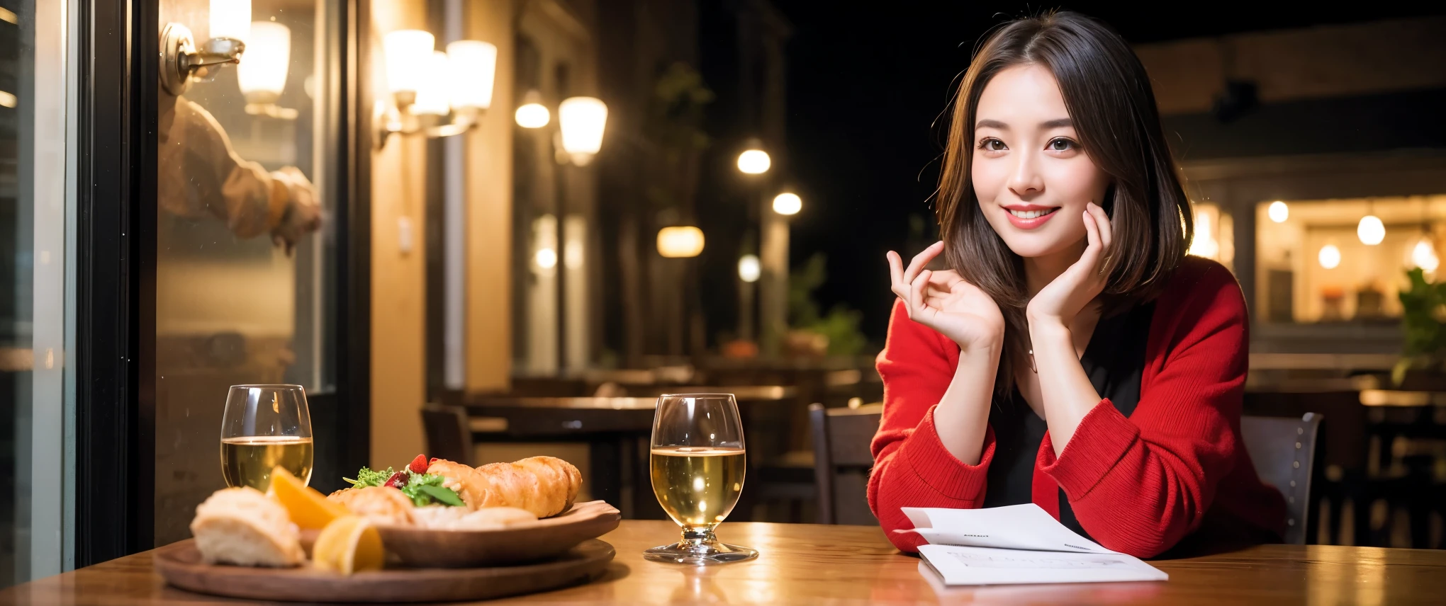 ((highest quality、8k、masterpiece:1.3))、Sharp focus:1.2、Beautiful woman perfect body:1.4、slimなボディ、((Bob Hale、Straight hair:1.2))、(to be born, highest quality, masterpiece:1.5), (Realistic, Intricate details:1.2), Ultra-high resolution, Put the light on your face、Amazing view of the sunset sky and clouds、Amazing mountain views、ニコニコ明るいsmile、wine glass、red wine 、Appetizers、Italian food、Wine bottle、Champagne、sparkling wine、, Beautiful Face, blue eyes, The light shines on your face, Blushing, short hair,Bright Face、Fox face、 (42 years old), 40 years old, Lady、Two beauties、Brown Hair、Shortcuts、Long sleeve shirt、dress、Pretty Woman 1, (slimな顔), (The body is slim), (Brown Hair), (Shortcuts), cheeks turn a little red,Attractive beauty、, Out of the window, A beautiful and detailed night view unfolds.........., restaurant, In a prominent place (From the waist up) Nova Frog Style, actress, model, Upper Body, White wine, slim, wine glass, 真ん中に置かれたwine glass, smile, (smile: 1.15), Beautiful fine grain, Depth f/2,saturation, High Contrast, Strong light and shadow,Moist Body:1.5、3D texture、Delicate eyes、Brown Hair、The hair is very shiny、