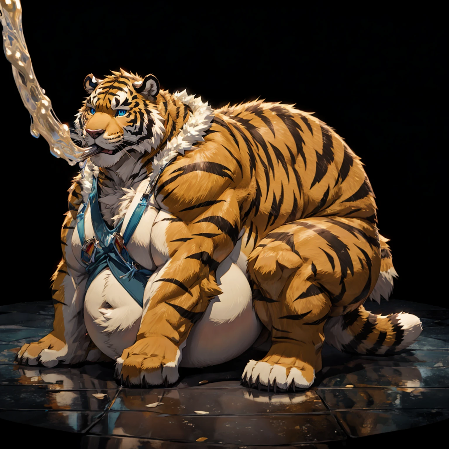 Very obese tiger、Wild ferocious tiger、Animal golden tiger body、Shaggy body hair、A glittering mane、Very short legs、A thick white hose in the mouth、A very thick white hose、Very long hose、Sideways body、Big blue anime eyes、A body covered with a lot of fat、Abnormally obese head、Fatty cheeks、A lot of fat on the neck、A belly so obese it covers the ground、Fat gap、Abdomen swollen enough to touch the ground、A huge, mountain-like swollen abdomen、Abnormally fat arms、Overweight and flabby legs、A body that seems to be crushed by a huge abdomen、A body that fills the screen、Bear&#39;s short tail、Very displeased look、Very angry look、Thick steam、Lots of pubic hair、Lots of chest hair、A lot of belly button hair、Lots of belly hair、Very thick hair all over the body、Angle looking up from below、Thick Tongue、saliva、A situation in a dilapidated stable、Shabby wooden stables、All fours pose、Pose with both knees on the ground、