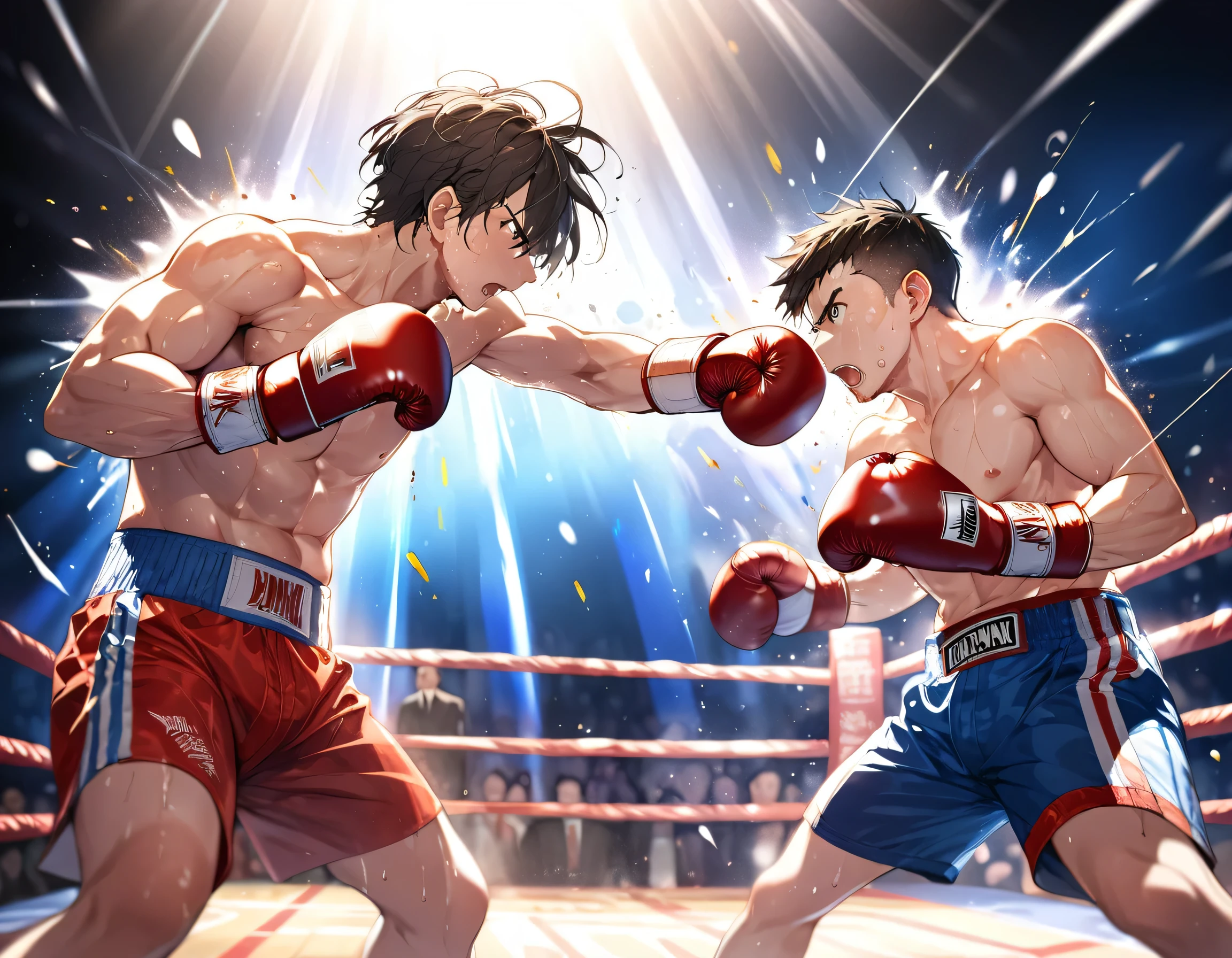 Illustration of a boxing title match, Dynamic strokes, glancing sides, sweat splattered to perfection, Motion blur: 1.3, Dynamism, Tension, Cinematic lighting, Overhead spotlight, (Best composition), ( Masterpiece), (Best Quality)