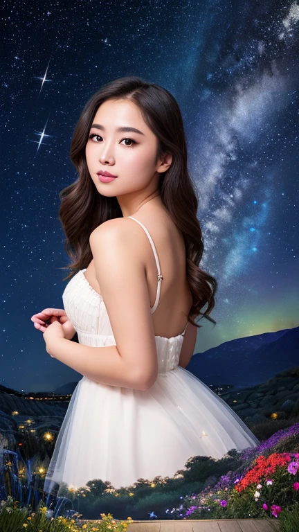A full body image with beautiful lady age around 17.She has double eyelids with long eyelashes, pink lip. Requested resolution is ultra. She is standing on the coast line in Norway. The background is polar night with many stars on the sky. She wear white wedding dress and has a little smile. And she has big tits.