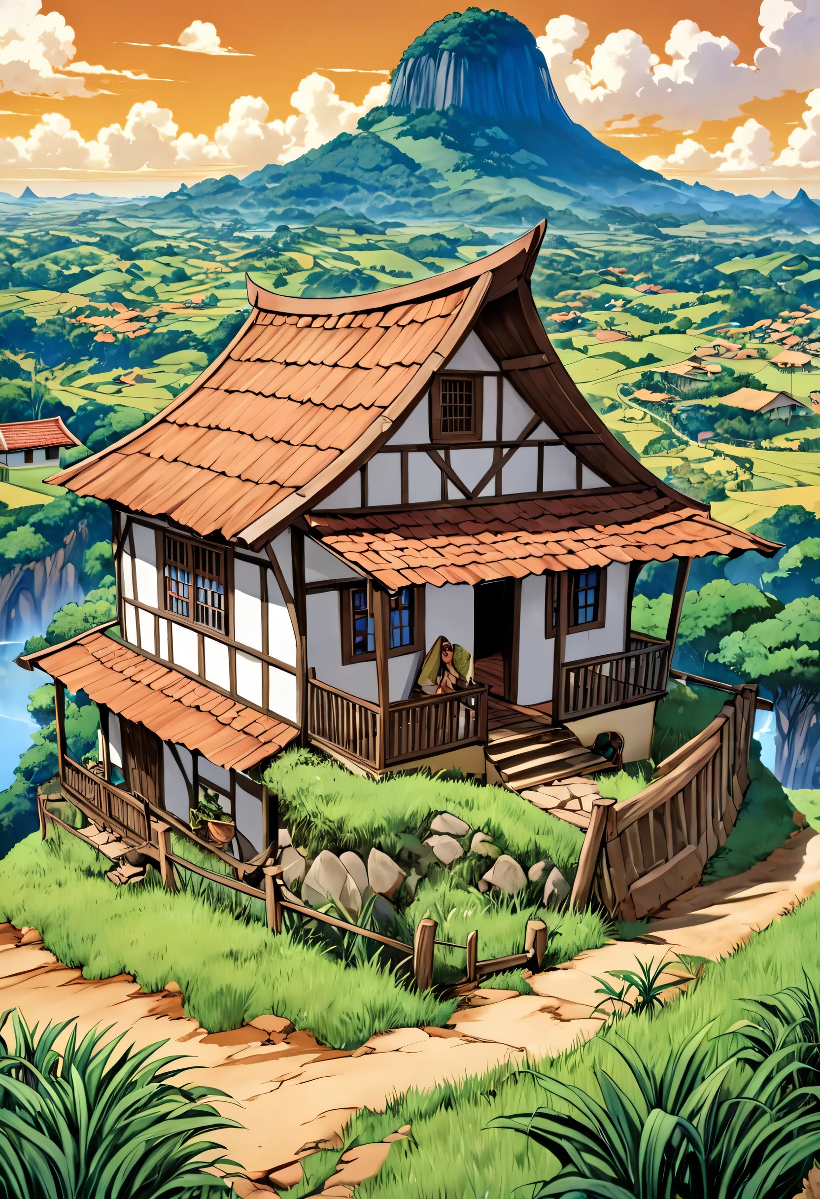 (((CG estilo Anime))) imagine a A small house in northeastern Brazil with a style characteristic of the region, com paredes com uma cor vibrante, talvez em tons de azul . O telhado de telhas de barro, tilted to handle the region&#39;s frequent rainfall. Pode haver varandas amplas, com rede pendurada para relaxar. Ao redor da casa, a fruit tree could be found , and the land could have a simple garden with tropical plants from the region,arte de qualidade, ultra detalhado.