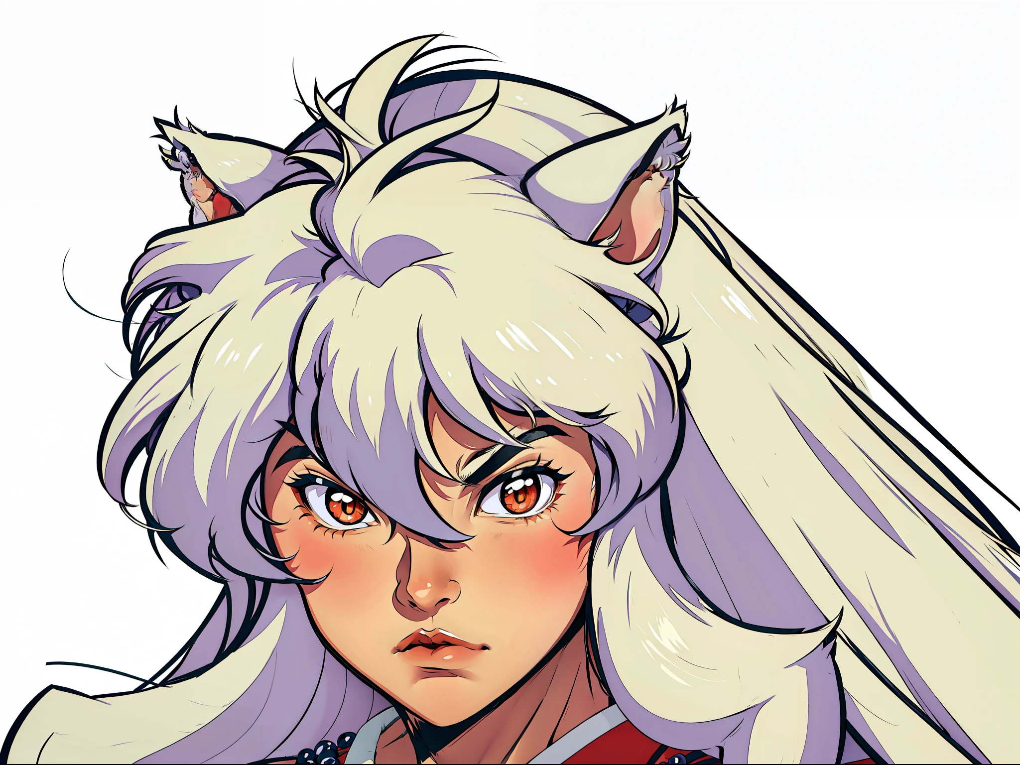 InuYasha, Cabelos longos, cabelo branco, roupas vermelhas, extremamente realista, orelhas de cachorro, bonito