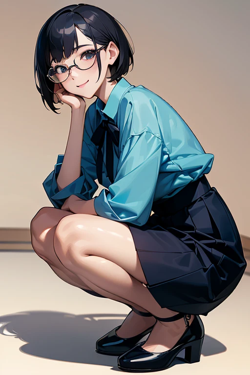 (NSFW:1.0), 
(best quality,8k,high resolution,masterpiece),  (ultra-detailed,realistic), 

((whole body)), ((squat)), 

(A Japanese woman, 30 years old and 155cm tall.), 

(she has short hair style), 
(she wears glasses with black cell-frame frames), 
(she is wearing a light blue shirt), (Neat and elegant collared light blue shirt), 　 
(she is wearing a navy blue skirt), 
((she is wearing ankle strap pumps)), 

(Generate detailed images, especially of the eyes), (She looks at me with kind and caring eyes.),  

(She has a pure and peaceful atmosphere. Her gentle smile is very impressive.), 
