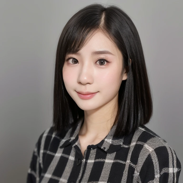 (kawaii 24 year-old Japanese girl, Nogizaka idol, Korean idol), (glossy black hair, short bob, even and symmetric hair design:1.3), (deep black eyes, rounded face, single eyelid, no makeup, soft smiling:1.2), (wearing check patterned longsleeved flannel shirt, knitted beanie:1.3), (extra small breasts:0.9), (facing straight at camera:1.2), BREAK, (simple grey background, yearbook background:1.3), (portrait, id photo, bust shot, view from straight forward:1.3), (keep enough top margin to avoid the head cropped:1.3), BREAK, (masterpiece, best quality, photo realistic, official art:1.4), (UHD, 8K quality wallpaper, high resolution, raw photo, golden ratio:1.3), (shiny skin), professional lighting, physically based rendering, award winning, (highly detailed skin, extremely detailed face and eyes), Carl Zeiss 85 mm F/1.4, depth of field, 1girl, solo,