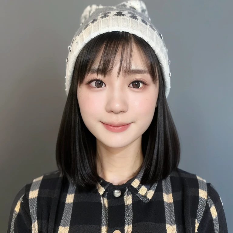 (kawaii 24 year-old Japanese girl, Nogizaka idol, Korean idol), (glossy black hair, short bob, even and symmetric hair design:1.3), (deep black eyes, rounded face, single eyelid, no makeup, soft smiling:1.2), (wearing check patterned longsleeved flannel shirt, knitted beanie:1.3), (extra small breasts:0.9), (facing straight at camera:1.2), BREAK, (simple grey background, yearbook background:1.3), (portrait, id photo, bust shot, view from straight forward:1.3), (keep enough top margin to avoid the head cropped:1.3), BREAK, (masterpiece, best quality, photo realistic, official art:1.4), (UHD, 8K quality wallpaper, high resolution, raw photo, golden ratio:1.3), (shiny skin), professional lighting, physically based rendering, award winning, (highly detailed skin, extremely detailed face and eyes), Carl Zeiss 85 mm F/1.4, depth of field, 1girl, solo,