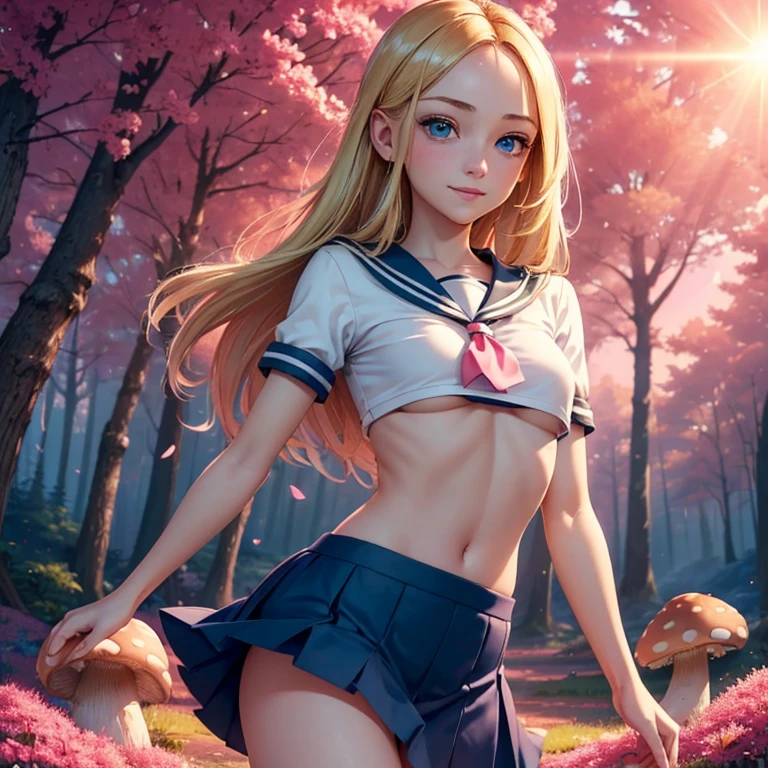 (masterpiece, best quality:1.4), (8K), Young blonde beauty, (((18 years old, neat girl))), detailed blue eyes, long eyelashes, blush, kind smile, upper body, sailor uniform top, crop top, underboob, small ass, slender thin legs, pink skirt, (looking at viewer), beautiful blonde hair, white-skinned, long hair, bangs, (medium size breasts), (mushroom forest, celestial forest, beautiful and magnificent pink sunshine, majestic sky), colorful natural light)