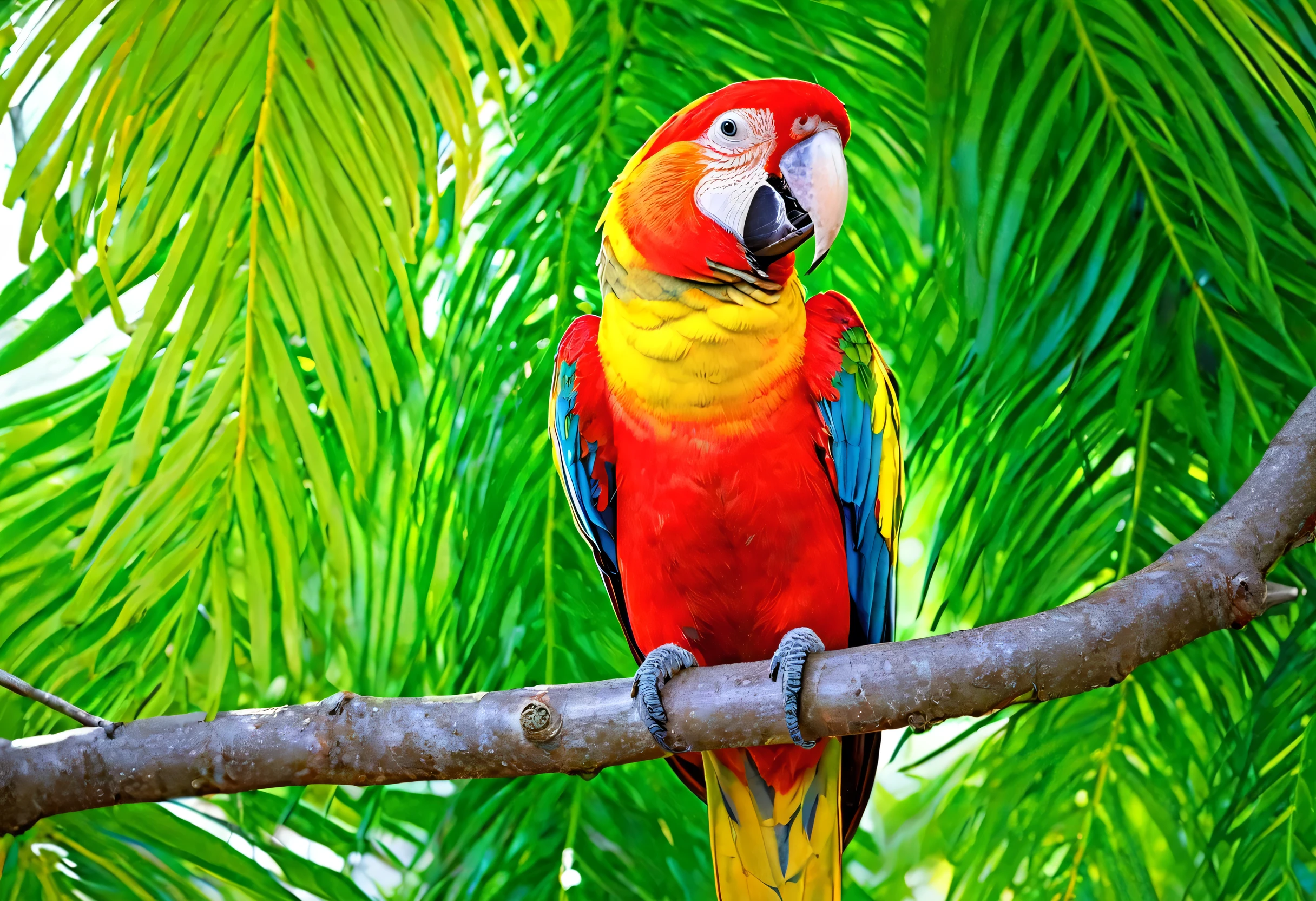 araffy red and yellow parrot perched on a branch with green leaves, Close-up image of a parrot, Stops in the center, Fine art, Very colorful, Colorful feathers, parrot, Rich Colorful, grace, Beautiful and colorful, Multicolored birds, Wonderfully colorful, Beautiful colorful, Very colorful, juxtaposition, Bright colors彩, Bright colors, multicolor