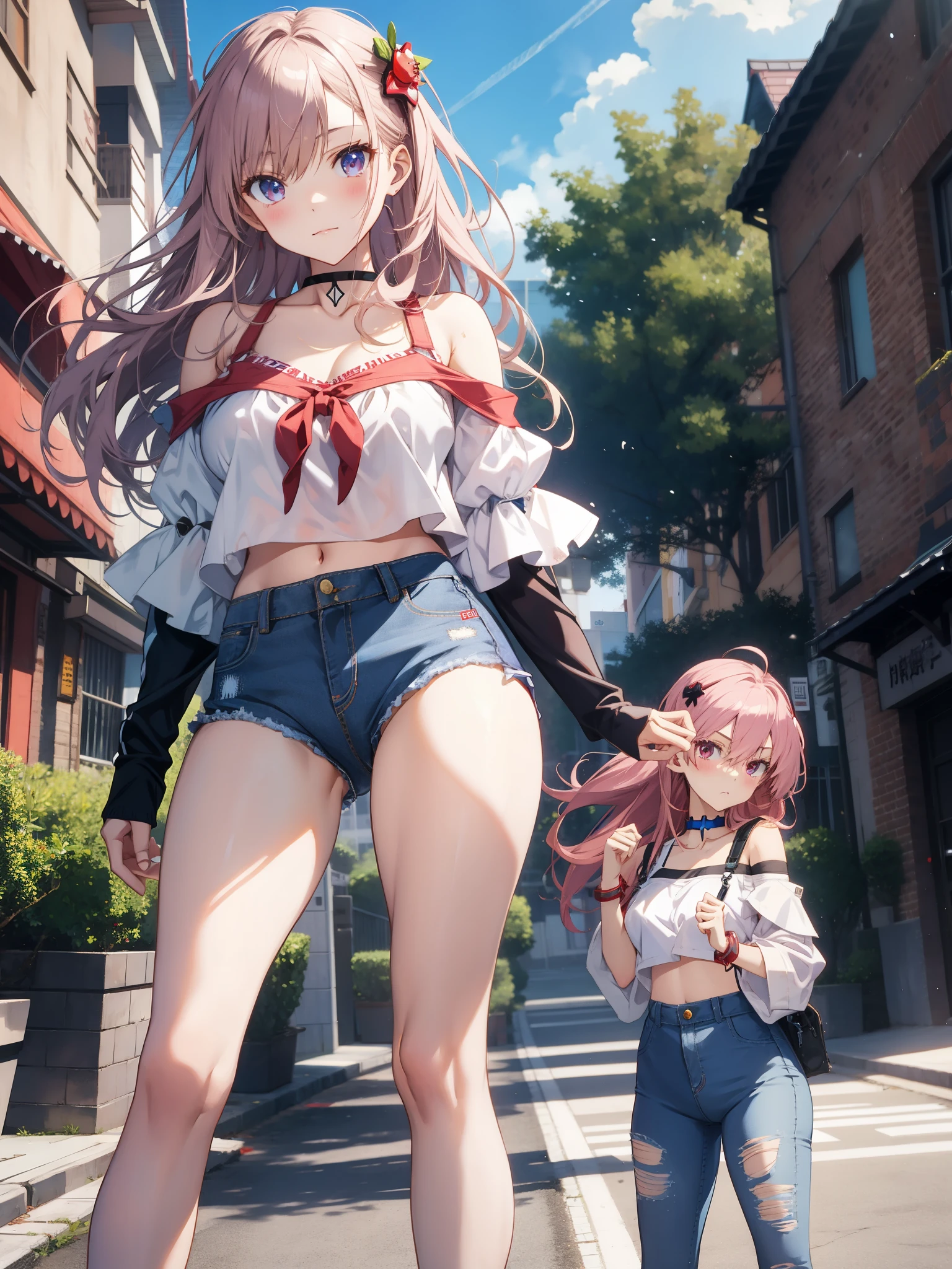 Slender pretty girl, alone, Evangelion, Shikinami Asuka Langley, {Red plug suit}, School Swimsuit, highest quality, Finer details, Don'Blushing, Small breasts, Small eyes, blue sky, splash, Posing with hands on hipasterpiece, best quality, very aesthetic anime,absurdres,BREAK,(breast focus:1.2),1 girl,(bent forward:1.2),(Very Cheerful expression:1.1) ,golden eyes,BREAK,(creave),(Pale pink hair),BREAK,A girly outfit featuring short denim shorts paired with a fluttery off-shoulder top. The design emphasizes femininity and playful charm. The denim shorts are classic and form-fitting, providing a casual yet chic base. The off-shoulder top is made from a lightweight, airy fabric, possibly in a pastel color or with floral prints, enhancing its girly appeal. It features ruffles or flounces that add movement and a soft, romantic touch. Accessories might include a delicate choker, simple bracelets, and sandals or ballet flats that complement the overall look. This ensemble combines the relaxed vibe of denim with the elegance of an off-shoulder design, perfect for a summer day or a casual outing where style and comfort are key.
