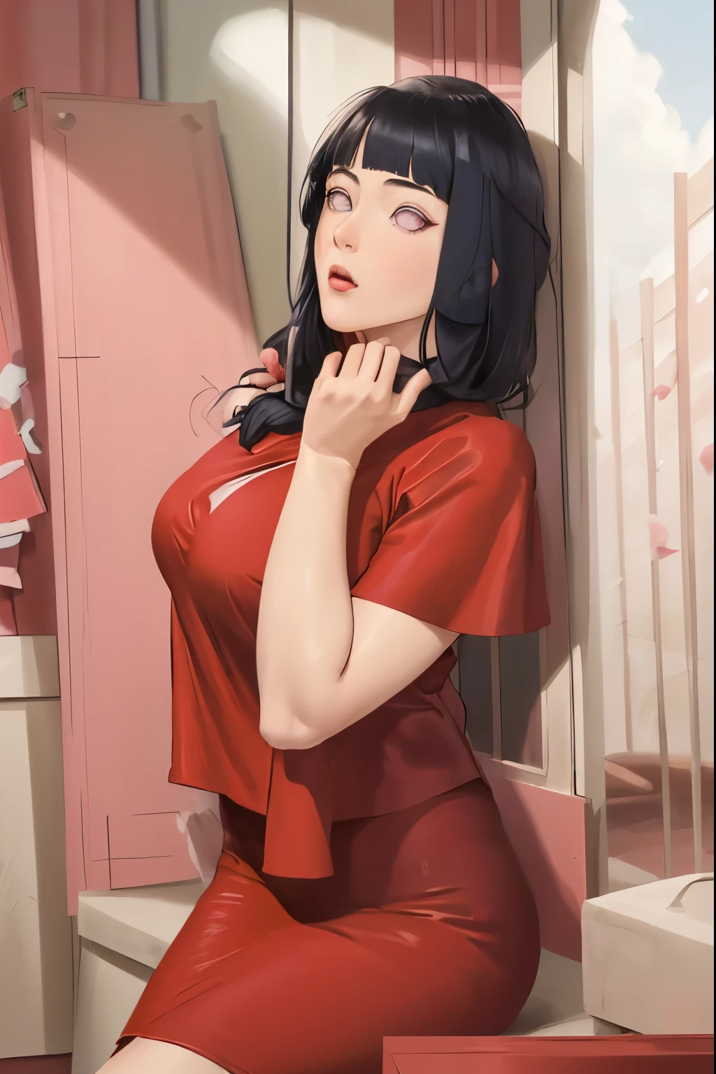 (((red clothes)))masterpiece, absurdres, hinata\(boruto\), 1girl, solo,mature female, off-shoulder crop top, looking at viewer, (falling petals), perfect composition, detailed lips, big breast, beautiful face, body propotion, blush, (pink lips), long hair,  purple eyes,  soft gaze,  super realistic, detailed, photoshoot, realistic face and body,  expression, seductive expression,(very huge bare tits)( red microdress )