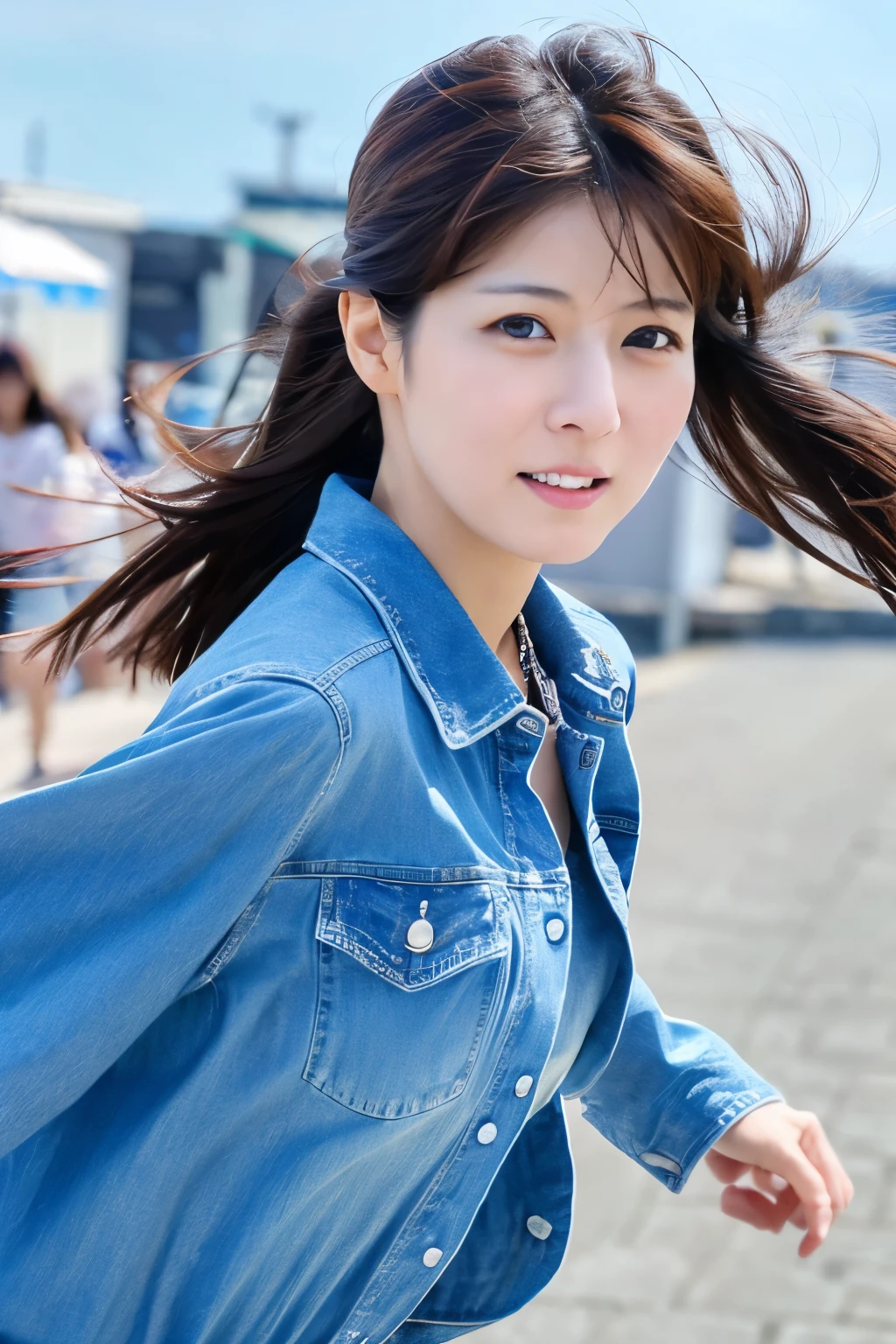 Masterpiece, 8K, high quality, high resolution, skinny Japanese woman, 30 years old, (detailed face, detailed eyes), running at full speed along the seaside street, a photo capturing a cool moment