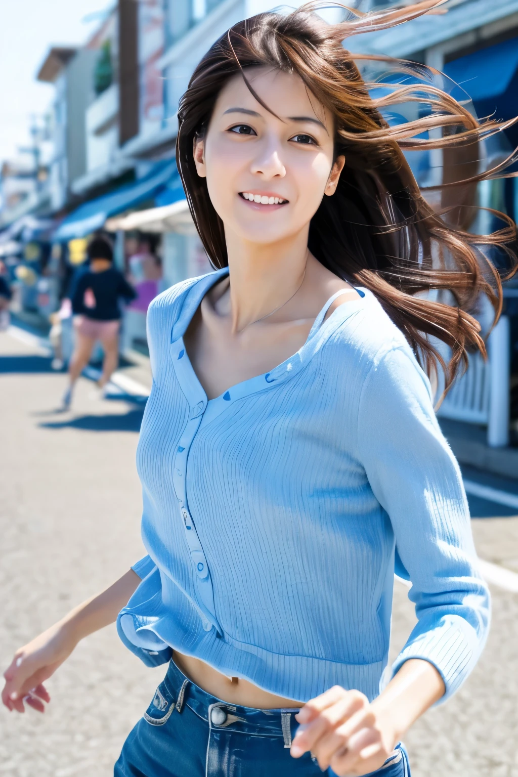 Masterpiece, 8K, high quality, high resolution, skinny Japanese woman, 30 years old, (detailed face, detailed eyes), running at full speed along the seaside street, a photo capturing a cool moment