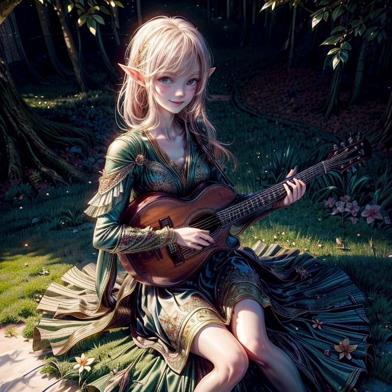 One girl, alone, Playing a musical instrument, lute, Elf, 8k wallpaper, Super detailed, beautifully, masterpiece, highest quality, Realistic, Fairy, Light Theme, Bright Forest, dress,Botanical, Natural light, She has a serious look and a slight smile