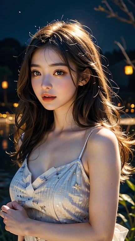 Create a gorgeous girl in a stunning scene of starry night full of fireflies, she is like an angel, give more attention in a detail of face and hair and finger.
