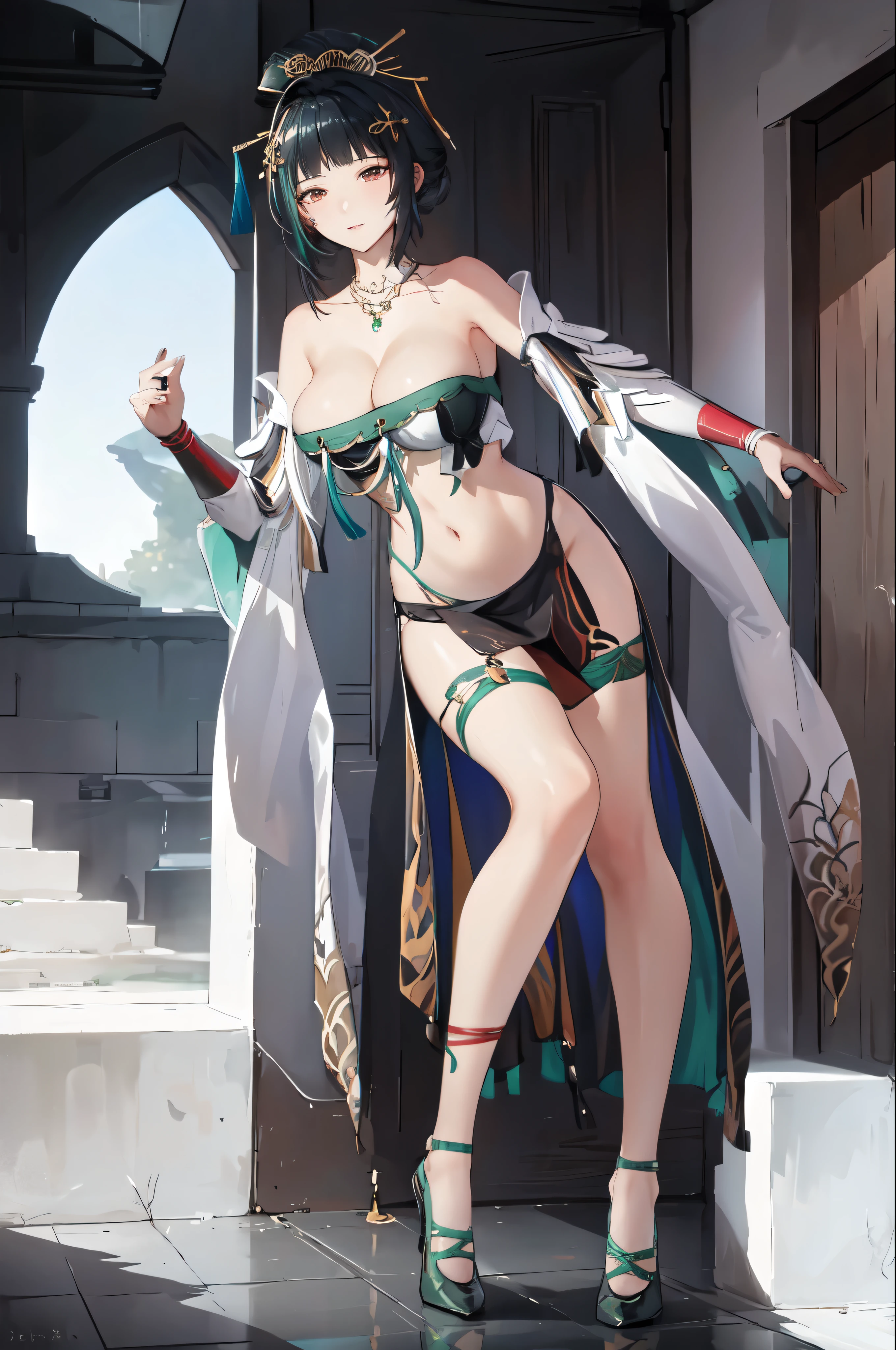 masterpiece, best quality BREAK solo, china dress, highres, 1girl, standing, (large breasts), mature female, hanying, Full body drawing, (masterpiece), (best quality), (hyperdetail), (illustration), ((extremely delicate and beautiful)), (detailed light), (prefect's body), full body drawing, dancer, Hanying, HanYing, sexy, sexy belly, sexy belly line, sexy belly button