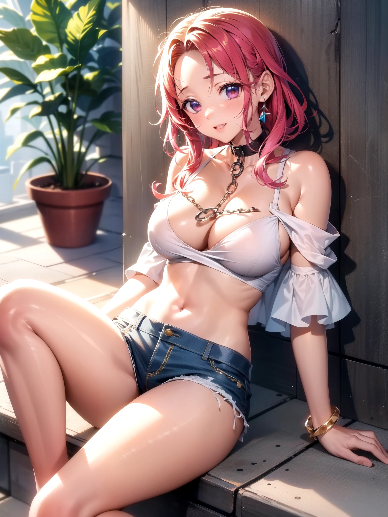 whole body、onlyを見せて、sprawl、only、M-shaped feet、Yogurt permeates throughout the body、Red sexy lingerie、Adult Female Opening Leicester Piece、1 person、alone、Braiding、Torn clothes、handcuffs、chain on ankle、One belly button、tears、(Back arm:1.2)、shibari、rock、Heart-shaped pupilasterpiece, best quality, very aesthetic anime,absurdres,BREAK,(breast focus:1.2),1 girl,(bent forward:1.2),(Very Cheerful expression:1.1) ,golden eyes,BREAK,(creave),(Pale pink hair),BREAK,A girly outfit featuring short denim shorts paired with a fluttery off-shoulder top. The design emphasizes femininity and playful charm. The denim shorts are classic and form-fitting, providing a casual yet chic base. The off-shoulder top is made from a lightweight, airy fabric, possibly in a pastel color or with floral prints, enhancing its girly appeal. It features ruffles or flounces that add movement and a soft, romantic touch. Accessories might include a delicate choker, simple bracelets, and sandals or ballet flats that complement the overall look. This ensemble combines the relaxed vibe of denim with the elegance of an off-shoulder design, perfect for a summer day or a casual outing where style and comfort are key.