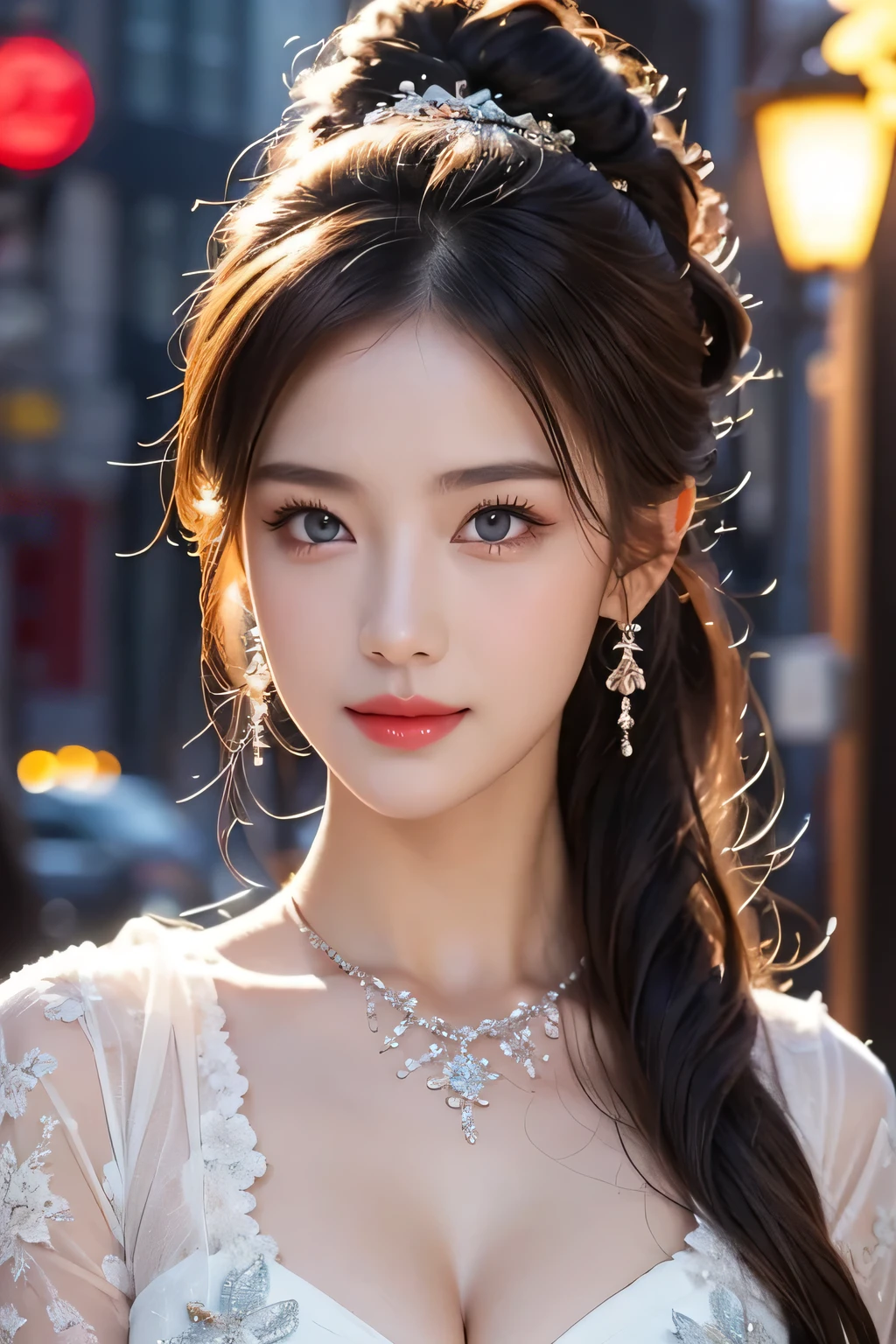 High-quality work，Realistic works，Super premium graphics，8K HD CG works，high quality graphics，High-definition and exquisite CG works，10x pixels，Ultra-fine details：1.1，Advanced technical details：1.1Realistic photo effects，Interior lighting effects：1.5，natural soft light：1.5. Light effect（Virtual light effects：1.8），Ultra-high resolution，shining dress，sliver long hair，silber hair，transparenthair，high detailed hair（Quality hair details：1.1）Clear eyes，Double eyelids look good，Sharp eye makeup, Create exquisite eyelash makeup, tthin eyebrows, Ultra-detailed eyes，a tall nose, lovely red lips, rosey cheeks, With delicate makeup on her face , pretty face, The face shape is perfectly proportioned,（Advanced facial details：1.1）Urban beautiful girl college student, masterpiece, light makeup, red lips, silver hair, messy long hair, street background, beautiful, elegant. super fine details, master works, authentic texture, cinematic lighting realism, perfect job, 16K, hd, exquisite features,blue eyes、japanese idol、Beautiful Face、cute smile、brown hair、beautiful hair、ponytail、glamorous、 big breasts、erect nipples、Oily muscle、shiny skin、tanned skin、Black glowing skin、Sexy knitted sweaters, bright big eyes, smooth skin, earrings, necklace, tattoo, ，Women's artwork，Dress full body video，Reality，Amazing Cleavage，My eyes are very bright today
