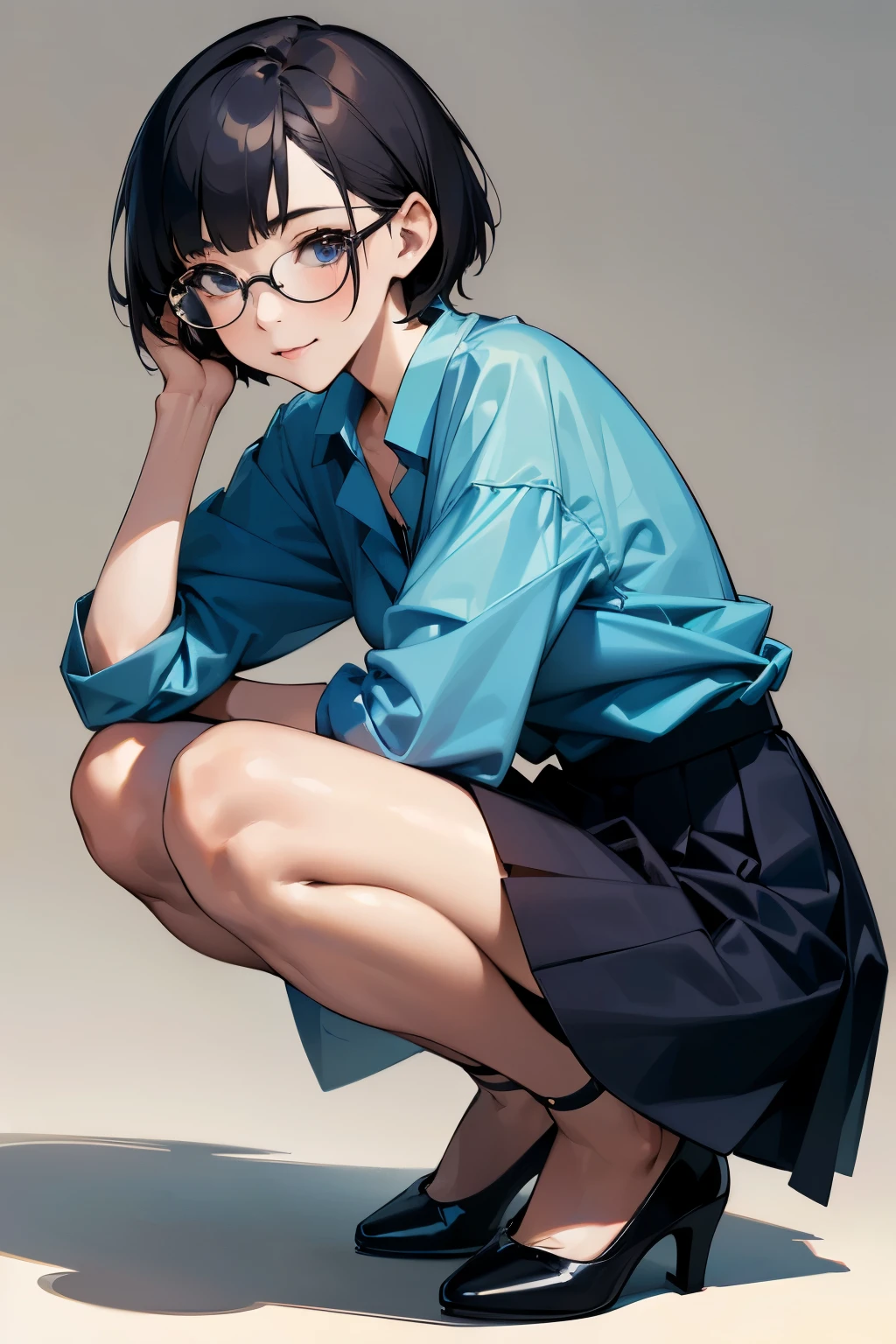 (NSFW:1.0), 
(best quality,8k,high resolution,masterpiece),  (ultra-detailed,realistic), 

((whole body)), ((squat)), 

(A Japanese woman, 30 years old and 155cm tall.), 

(she has short hair style), 
(she wears glasses with black cell-frame frames), 
(she is wearing a light blue shirt), (Neat and elegant collared light blue shirt), 　 
(she is wearing a navy blue skirt), 
((she is wearing ankle strap pumps)), 

(Generate detailed images, especially of the eyes), (She looks at me with kind and caring eyes.),  

(She has a pure and peaceful atmosphere. Her gentle smile is very impressive.), 
