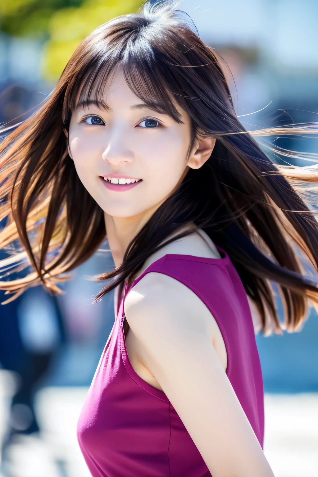 Masterpiece, 8K, high quality, high resolution, skinny Japanese woman, 30 years old, (detailed face, detailed eyes), running at full speed along the seaside street, a photo capturing a cool moment