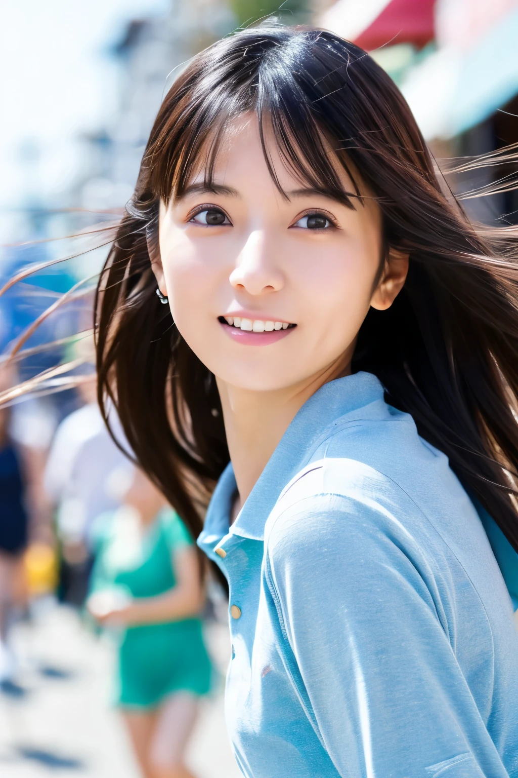 Masterpiece, 8K, high quality, high resolution, skinny Japanese woman, 30 years old, (detailed face, detailed eyes), running at full speed along the seaside street, a photo capturing a cool moment