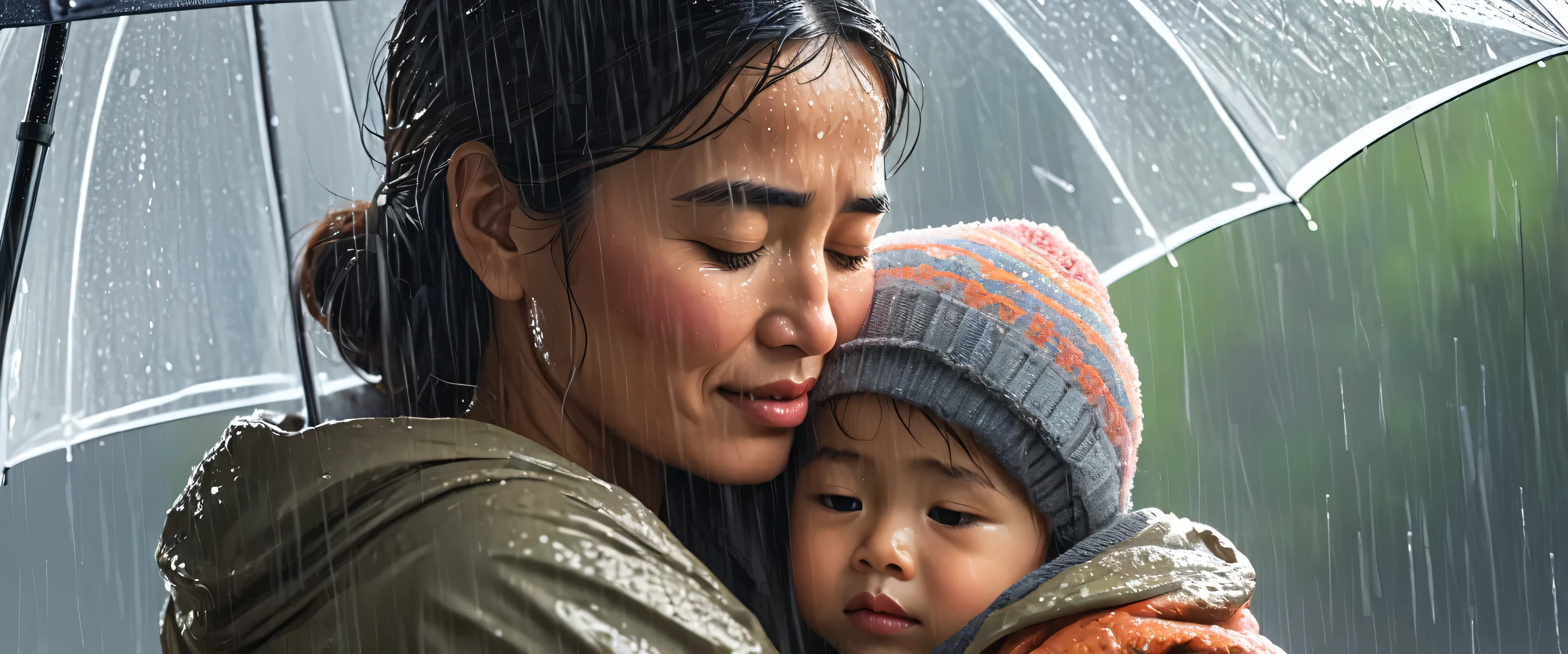 illustration features a mother in simple attire sheltering her from a heavy rainstorm. The mother's face radiates warmth and calmness despite the harsh weather. The , possibly a toddler, is cradled in the mother's arms, looking up with trust and comfort.
