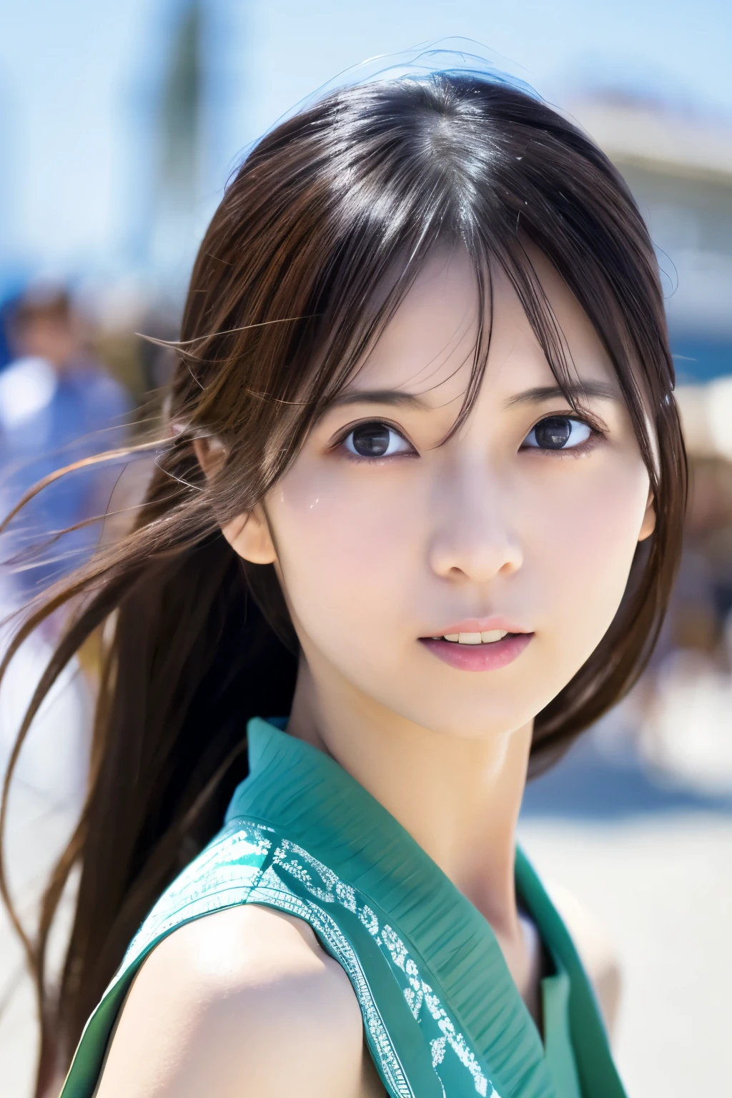 Masterpiece, 8K, high quality, high resolution, skinny Japanese woman, 30 years old, (detailed face, detailed eyes), running at full speed along the seaside street, a photo capturing a cool moment