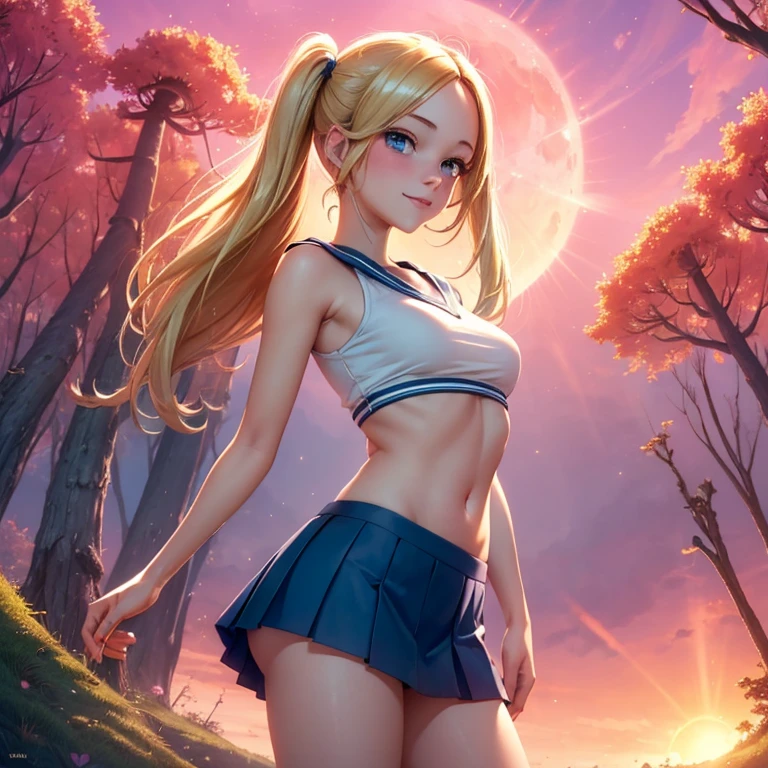 (masterpiece, best quality:1.4), (8K), Young blonde beauty, (((18 years old, neat girl))), detailed blue eyes, long eyelashes, blush, kind smile, upper body, sailor uniform top, crop top, underboob, small ass, slender thin legs, pink skirt, (looking at viewer), beautiful blonde hair, white-skinned, long hair, bangs, pigtails, (medium size breasts), (mushroom forest, celestial forest, beautiful and magnificent pink sunshine, majestic sky), colorful natural light)