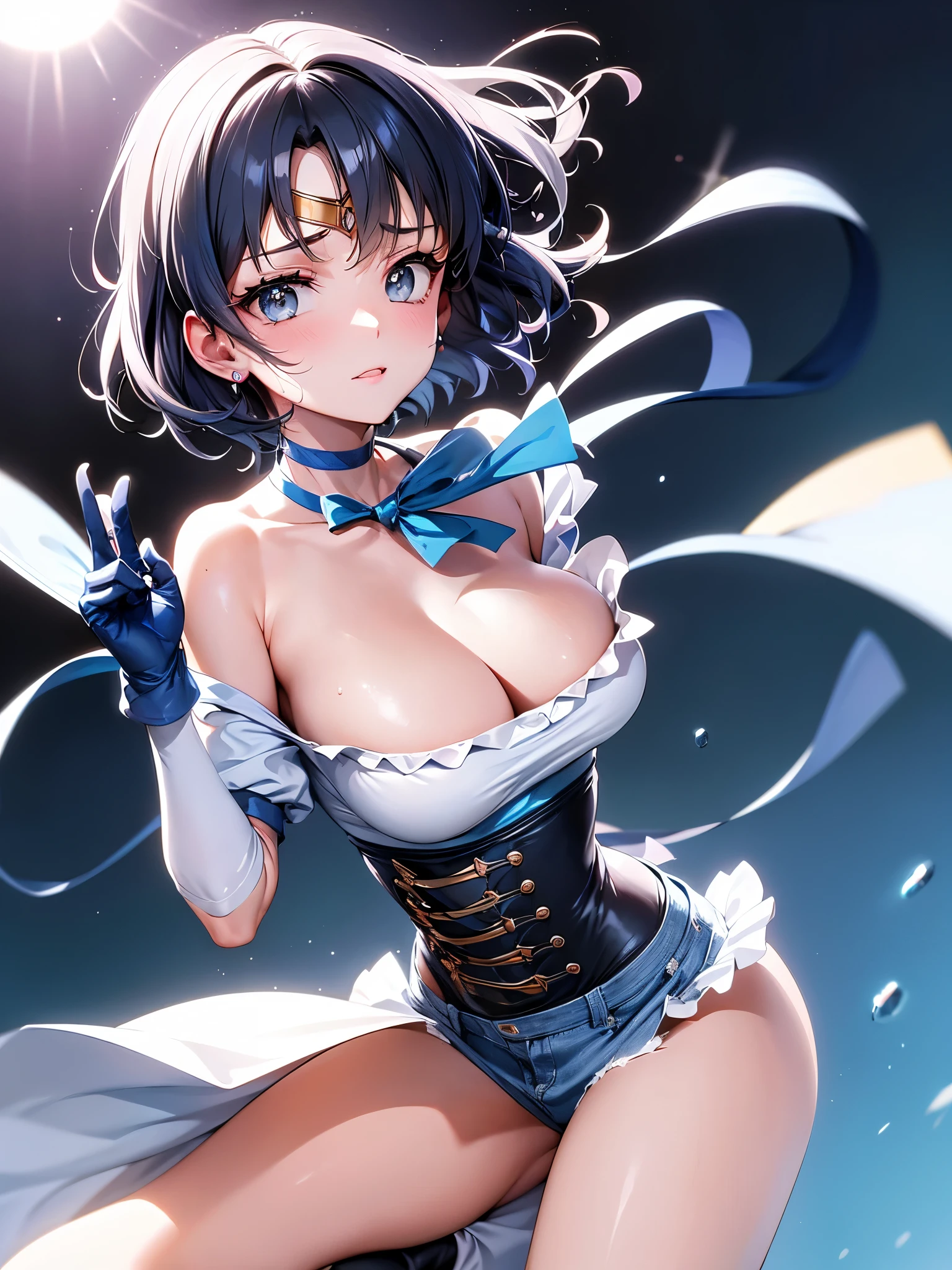 Tabletop, 最high quality, 1 girl, (Sailor Mercury),Light blue hair, (black eye:1.2),((topless))、((corset))、((Embarrassed look))、((full moon))、((Photo From below))、(((Thigh-high boots)))、((short hair))、((Long black gloves))、((Spread your legs))、((Black panties))、((land))、((Moderate))、From below, Spread your legs, Sailor suit, Bare Chest, Plump woman, Sweat, Huge , Glasses, string, hair band, garter belt, Ultra-high resolution, masterpiece, Anatomically correct, Textured skin, Super Detail, high quality,Cute pink room , Pink Gothic Room, Messy room, candy, Heart Items, ribbon,Star Items, Small window, (Sundry are arranged chaotically:1.3),masterpiece, best quality, very aesthetic anime,absurdres,BREAK,(breast focus:1.2),1 girl,(bent forward:1.2),(Very Cheerful expression:1.1) ,golden eyes,BREAK,(creave),(Pale pink hair),BREAK,A girly outfit featuring short denim shorts paired with a fluttery off-shoulder top. The design emphasizes femininity and playful charm. The denim shorts are classic and form-fitting, providing a casual yet chic base. The off-shoulder top is made from a lightweight, airy fabric, possibly in a pastel color or with floral prints, enhancing its girly appeal. It features ruffles or flounces that add movement and a soft, romantic touch. Accessories might include a delicate choker, simple bracelets, and sandals or ballet flats that complement the overall look. This ensemble combines the relaxed vibe of denim with the elegance of an off-shoulder design, perfect for a summer day or a casual outing where style and comfort are key.
