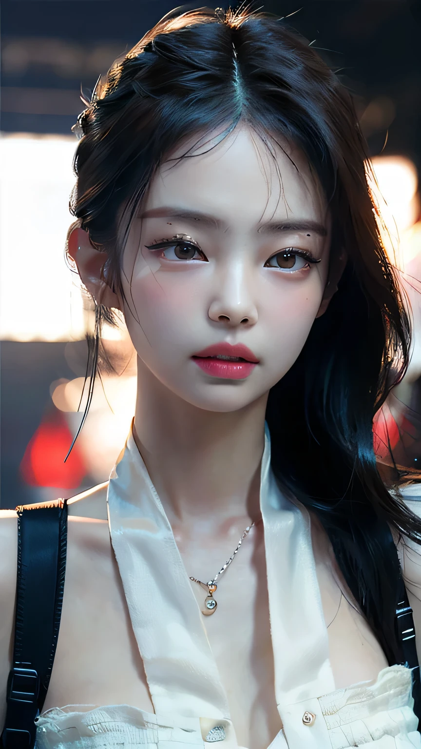 JENNIE KIM,idol,rock style,bold make up,model,close up,half body,endorsement,detailed skin texture,perfect face,camera focused eyes,(best quality,4k,8k,highres,masterpiece:1.2),ultra-detailed,(realistic,photorealistic,photo-realistic:1.37),HDR,UHD,studio lighting,extreme detail description,professional,vivid colors,bokeh,portraits,saturated colors,lens flare,high contrast