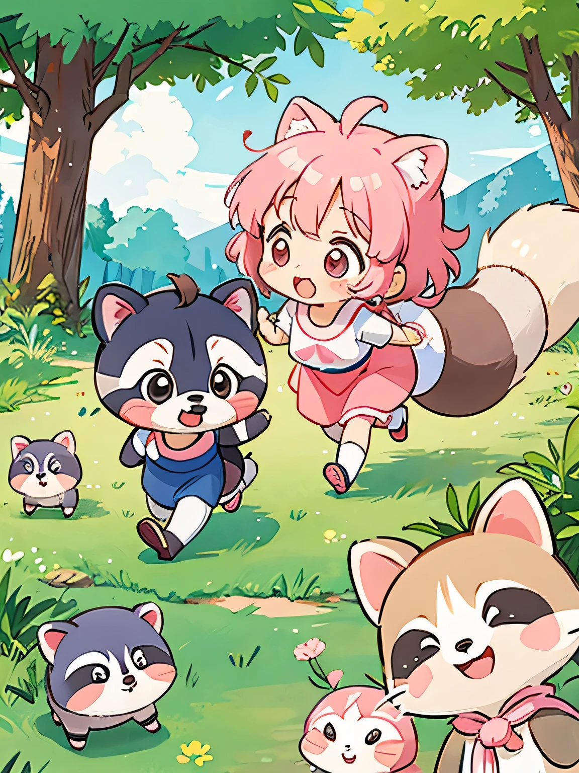 Momoko Sakura style, Kawaii Design, Chibi, Running together、Lots of cute raccoons、Playing with raccoon dogs