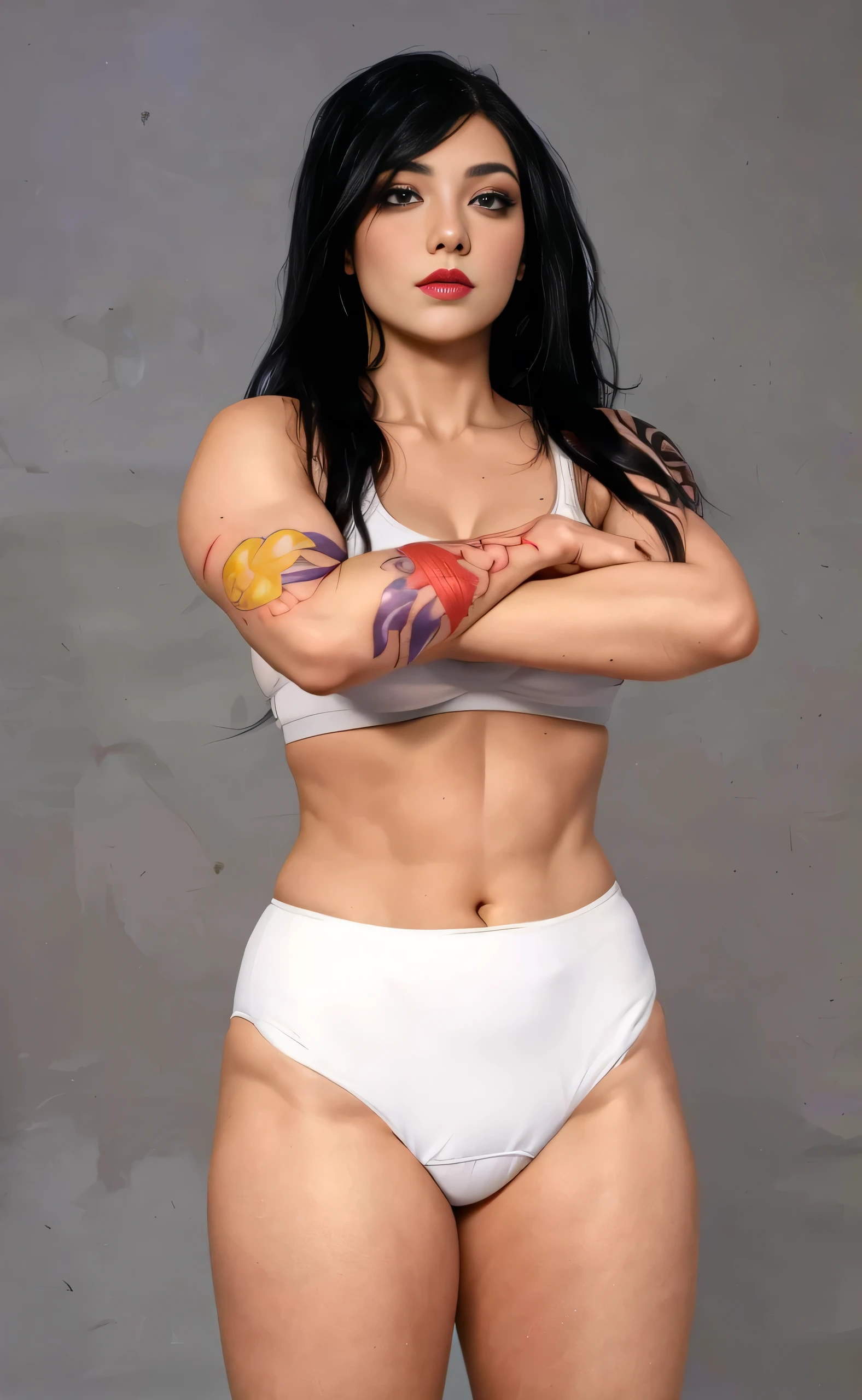 ((masterpiece, best quality)), ((((perfect anatomy)))), ((30 year old)), ((Curvy)), ((Caucasian woman with long black hair)), in white sports bra, ((white high cut cotton panties)), (((yellow and red tattoo on right arm))), (purple lipstick), ((dark purple eye-shadow)), (looking at the camera), smirking, (((photo realistic)))