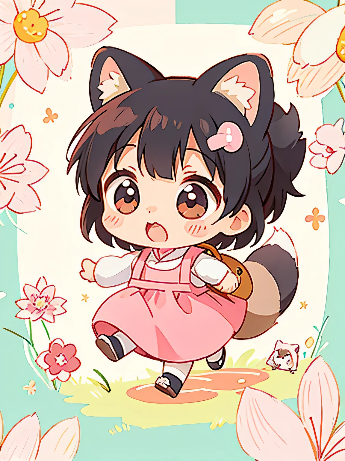 Momoko Sakura style, Kawaii Design, Chibi, Running together、Lots of cute raccoons、Playing with raccoon dogs